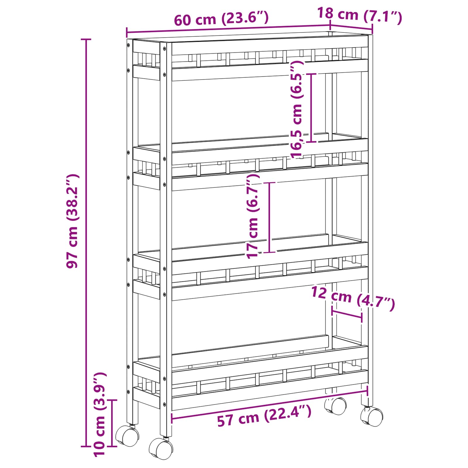 Konyhai kocsi kerekekkel természetes 60 x 18 x 97 cm bambusz