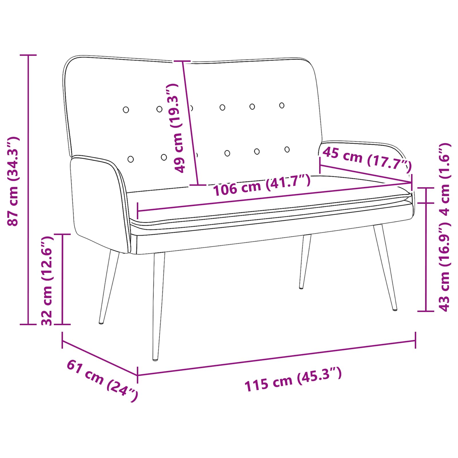 Kétüléses kanapé fekete 115 x 61 x 87 cm szövet