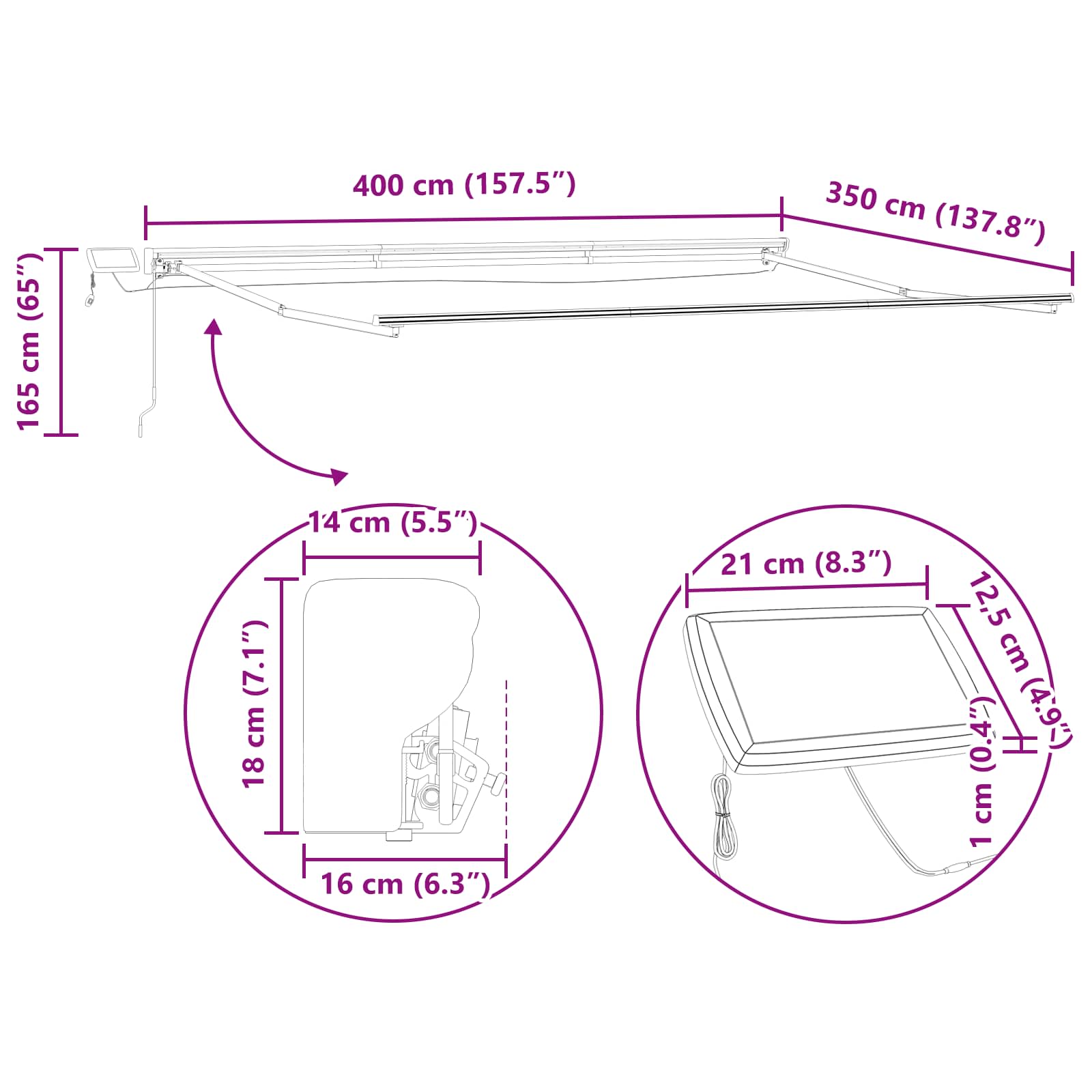 Kézi napellenző keret led világítással 4 × 3,5 m