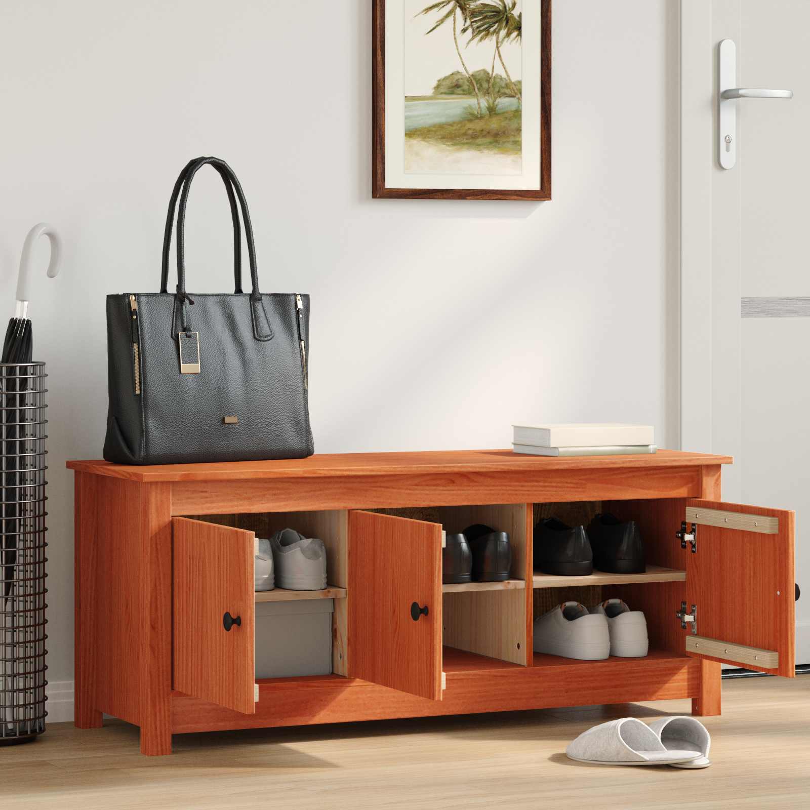 Cipőszekrény viaszbarna 110 x 38 x 45,5 cm tömör fenyő