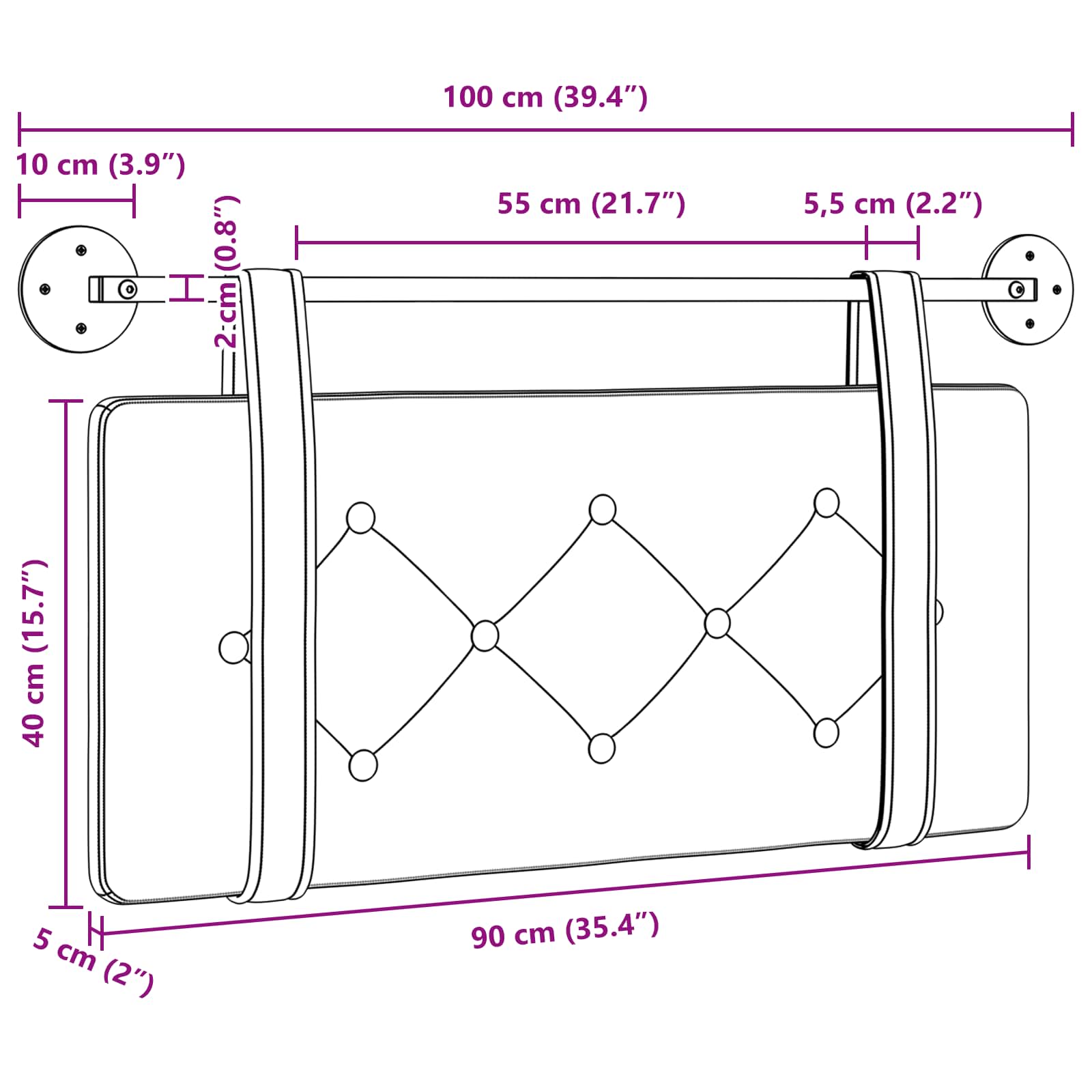 Fali fejtámla falra szerelhető bordó 90 cm műbőr