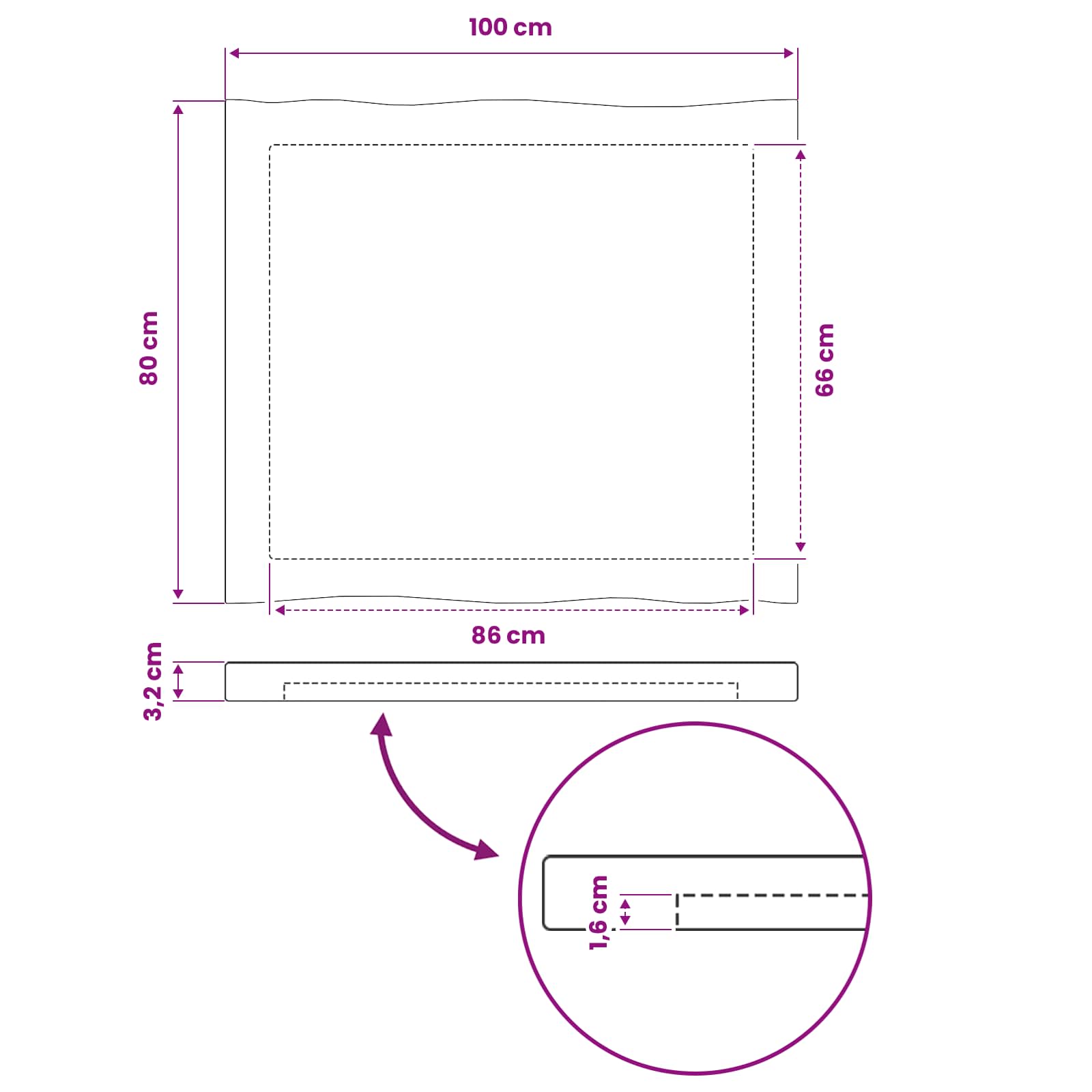 Téglalap asztallap 100 x 80 x 3,2 cm négyszögletes tömör akácfa