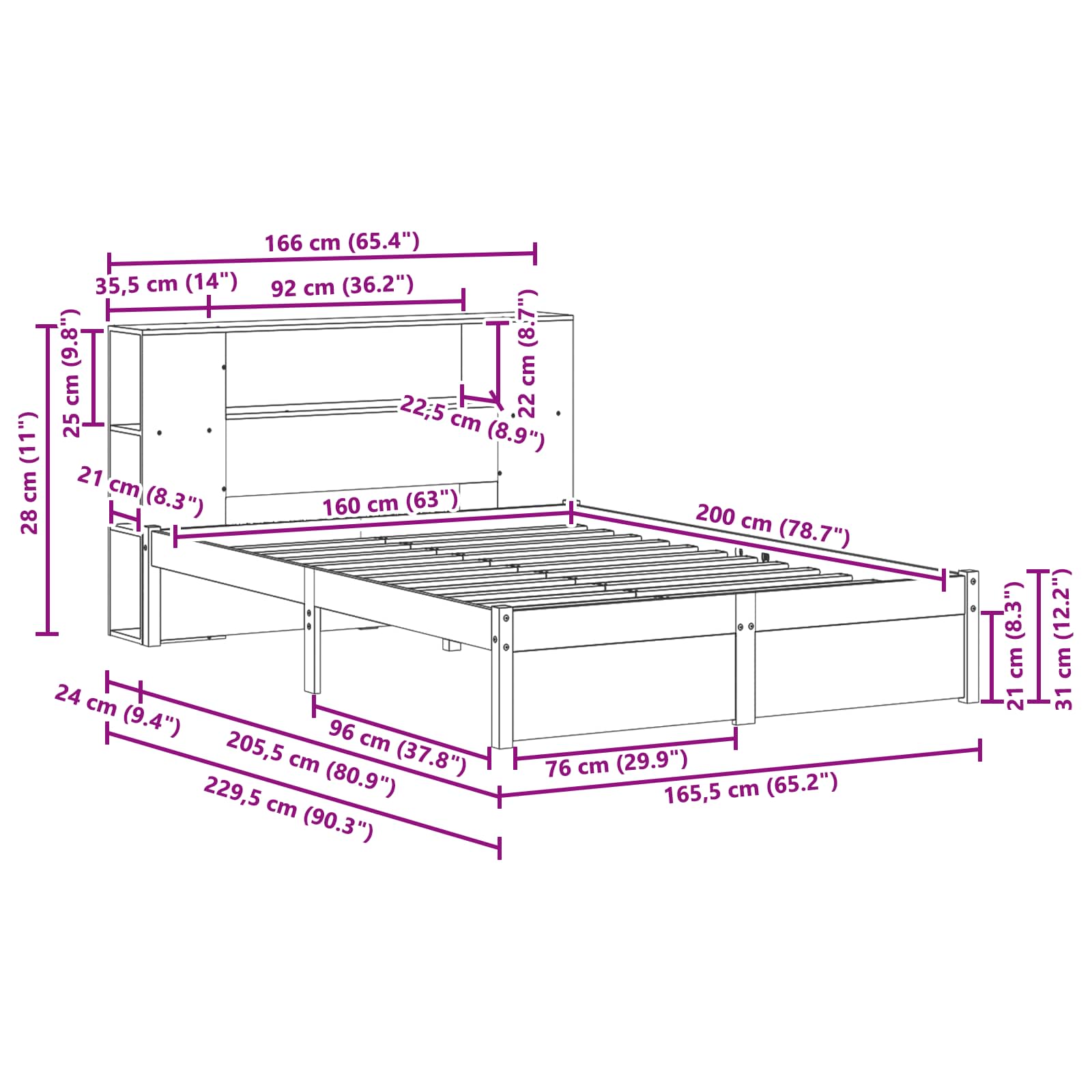 Könyvespolc ágykeret faggyú barna 160 x 200 cm tömör fenyőfa