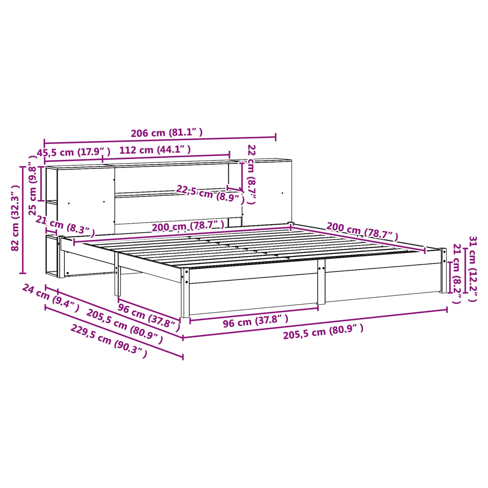 Könyvespolc ágykeret faggyú barna 200 x 200 cm tömör fenyőfa