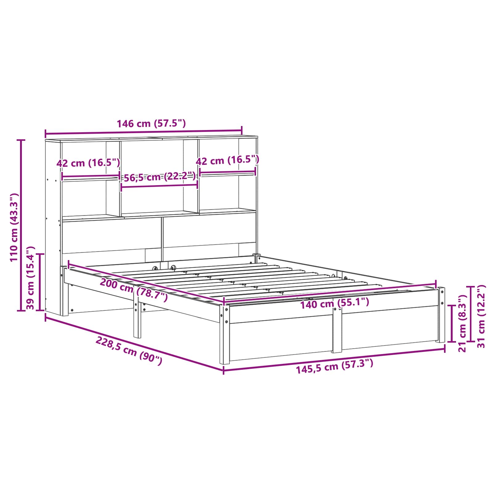 Könyvespolc ágykeret faggyú barna 140 x 200 cm tömör fenyőfa