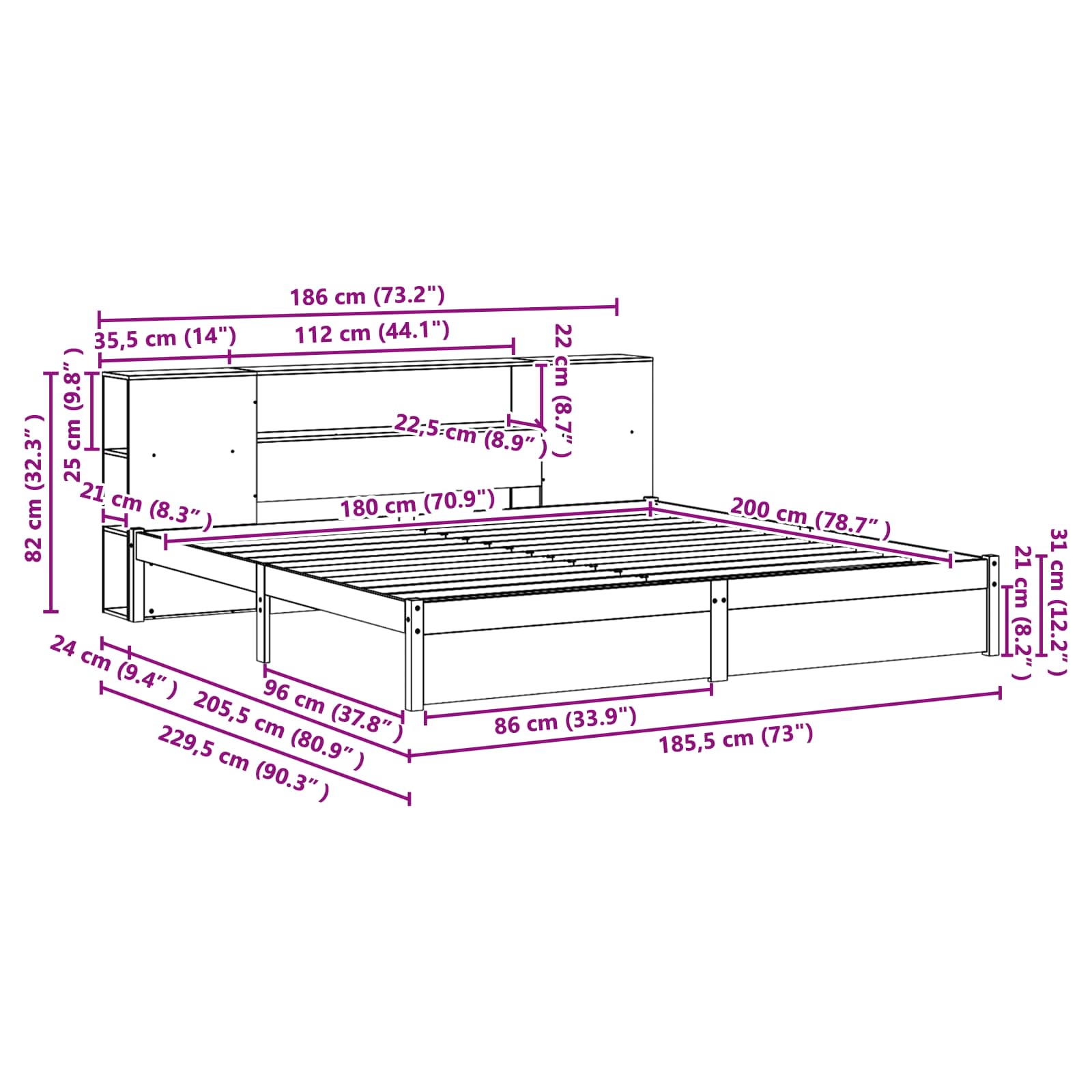 Könyvespolc ágykeret faggyú barna 180 x 200 cm tömör fenyőfa