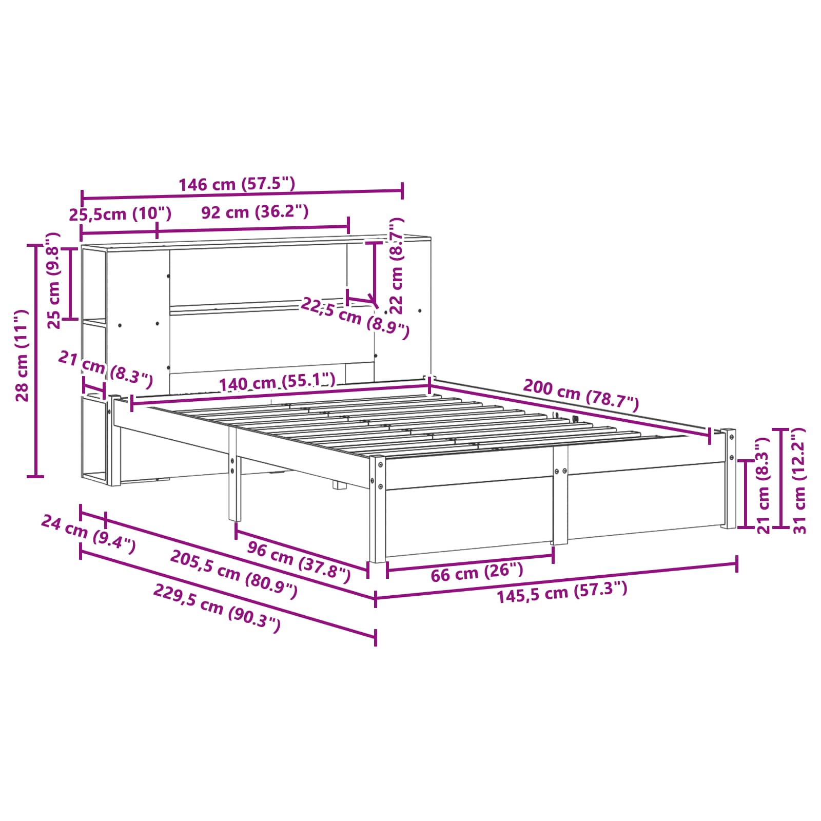 Könyvespolc ágykeret faggyú barna 140 x 200 cm tömör fenyőfa