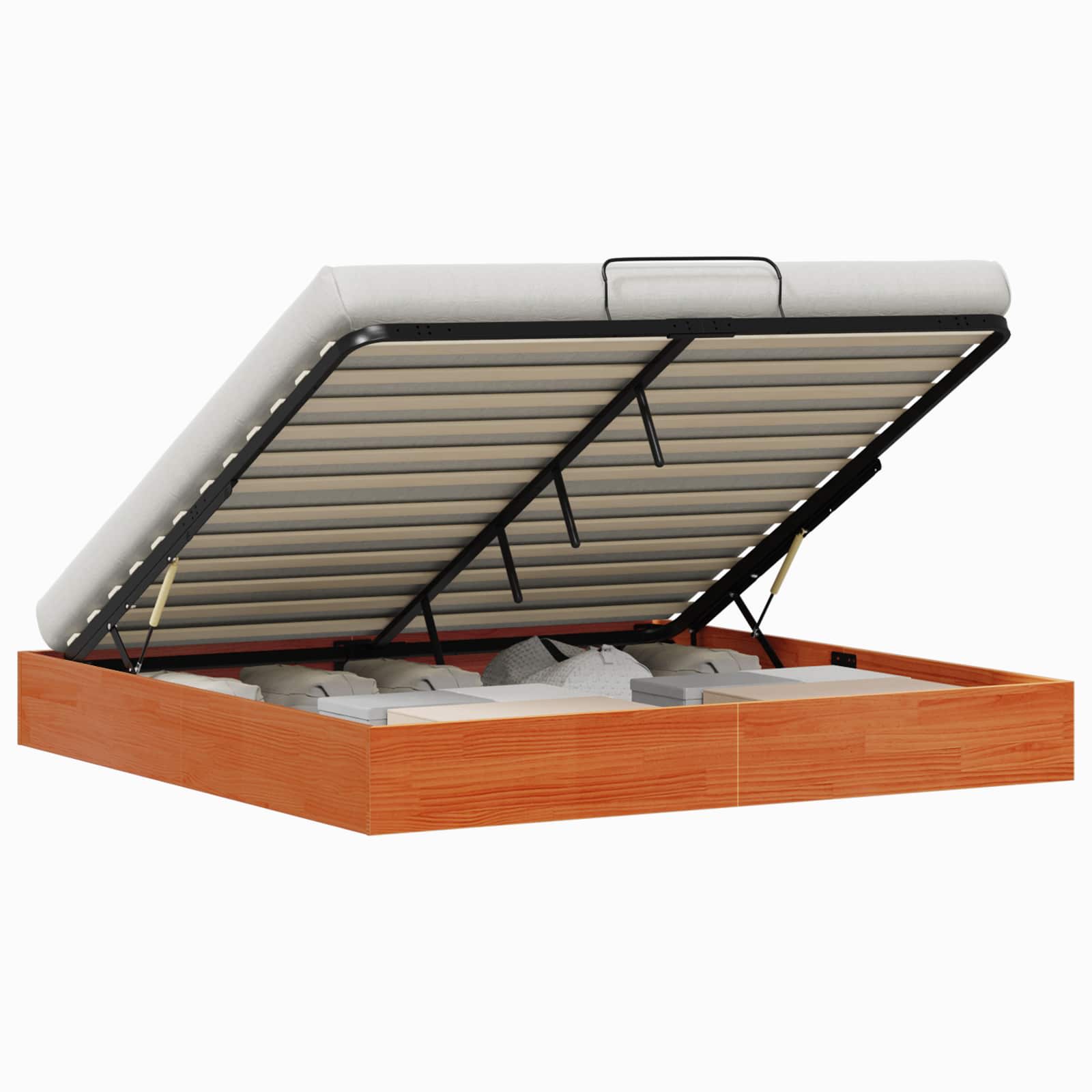 Tárolós ottomán ágykeret viaszbarna 200 x 200 cm tömör fenyő