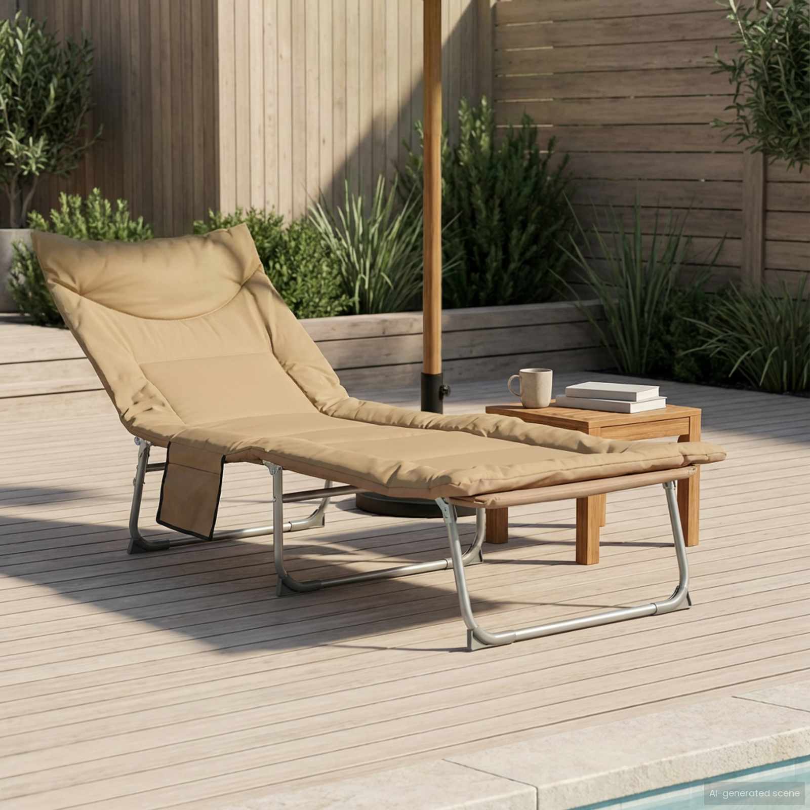 Összecsukható napozóágy párnával bézs