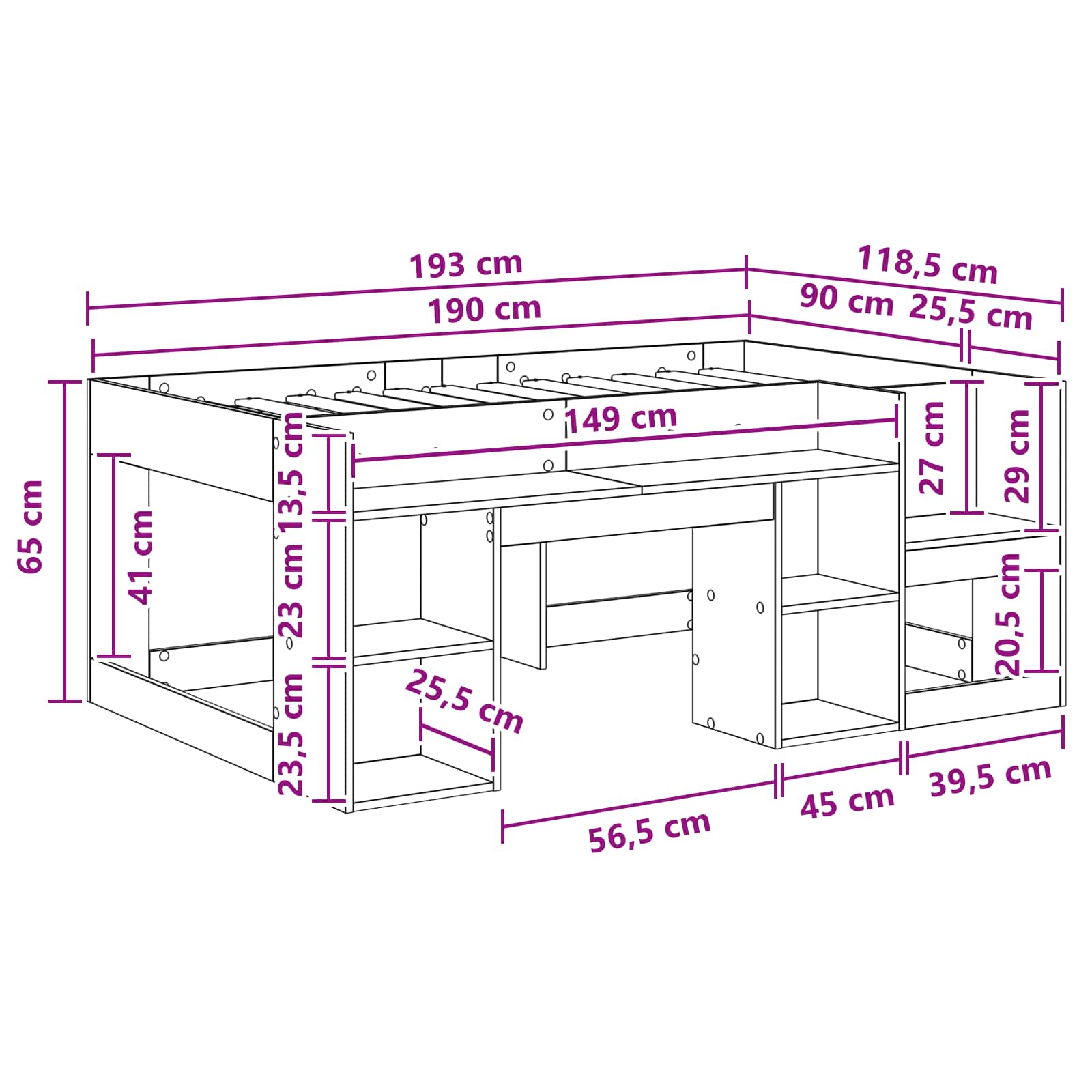 Gyerekágy keret tárolóval fehér 90 x 190 cm szerelt fa