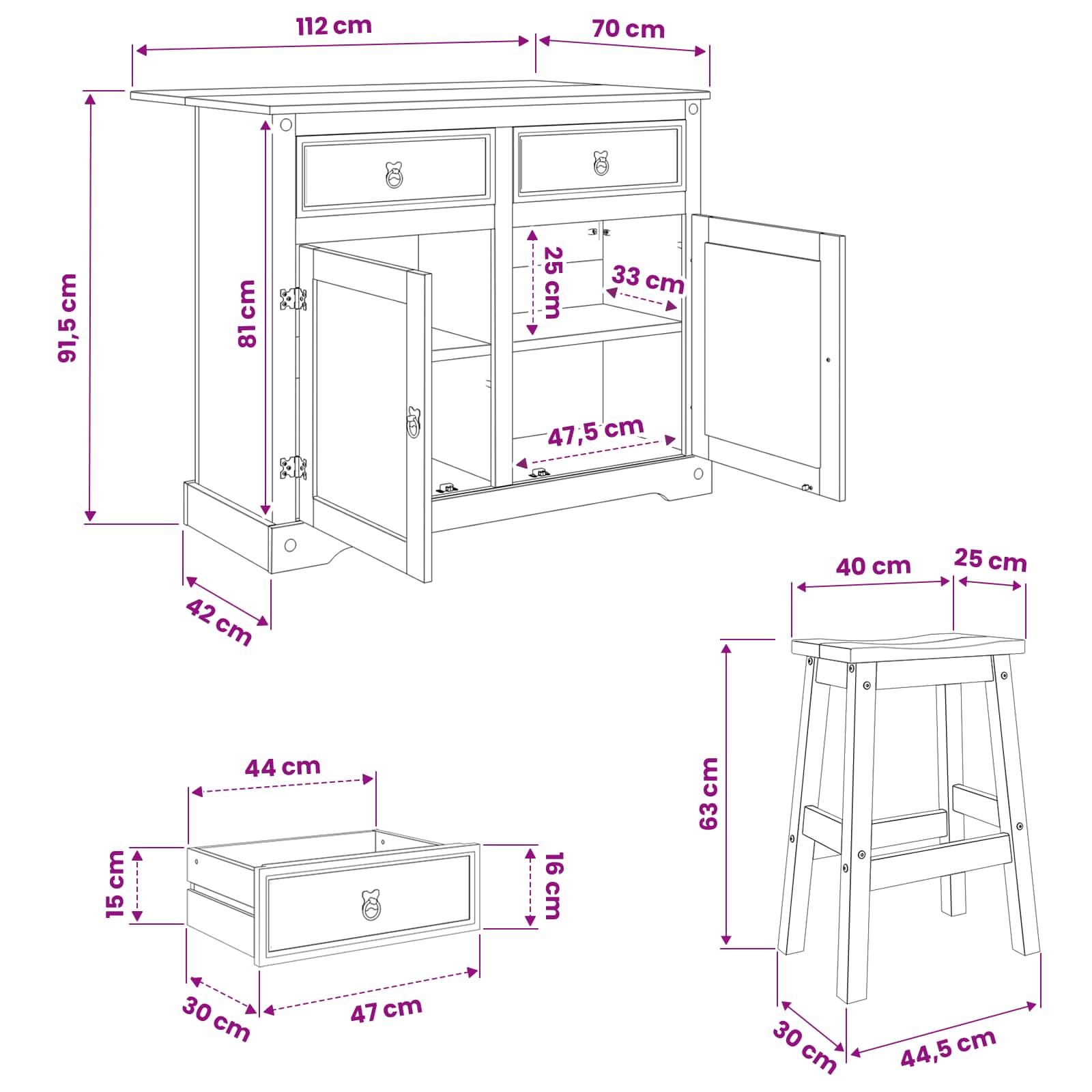 Konyhai sziget szett corona 3 pcs fehér és mézes viasszal