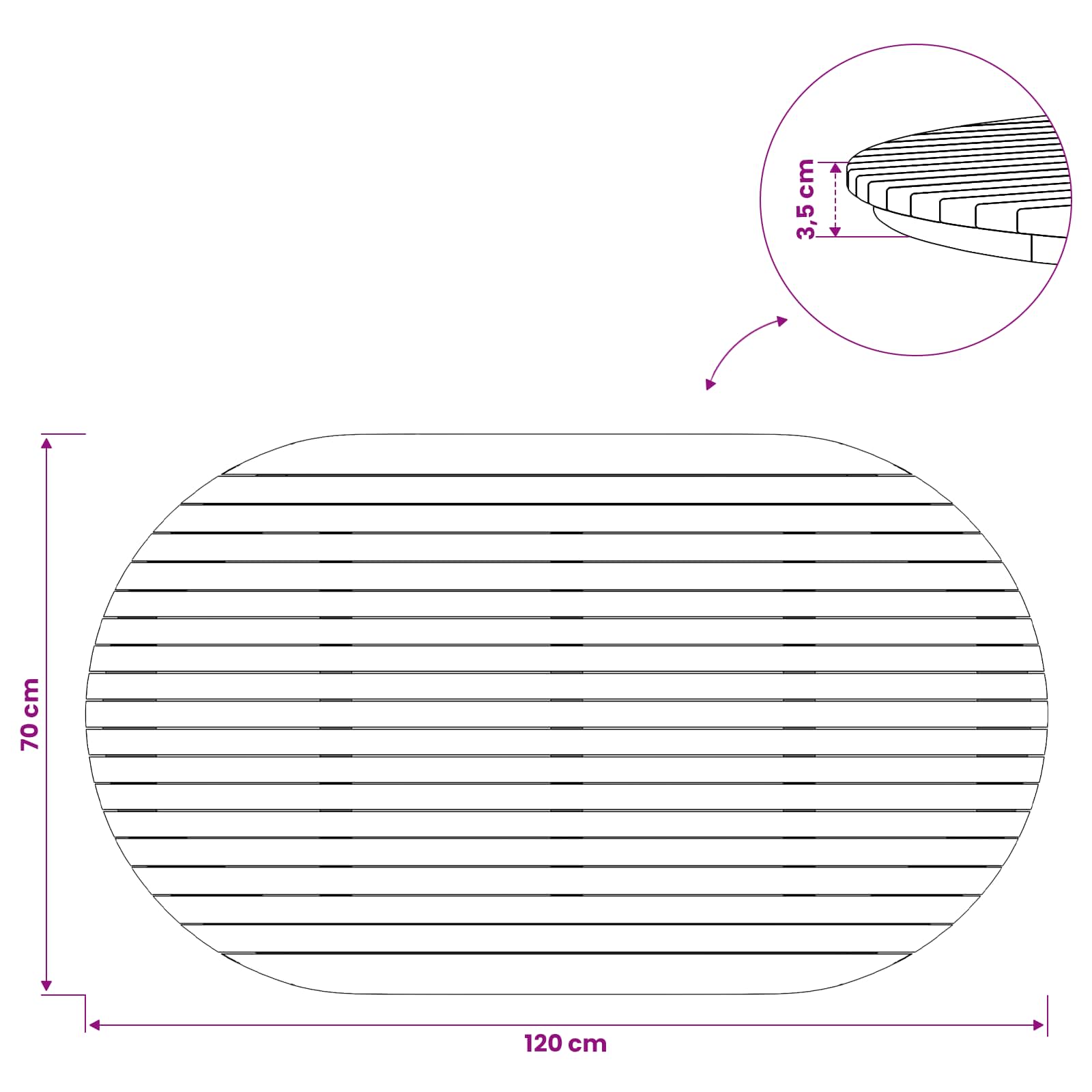 Asztallap 120 x 70 x 3,5 cm ovális tömör teakfa természetes