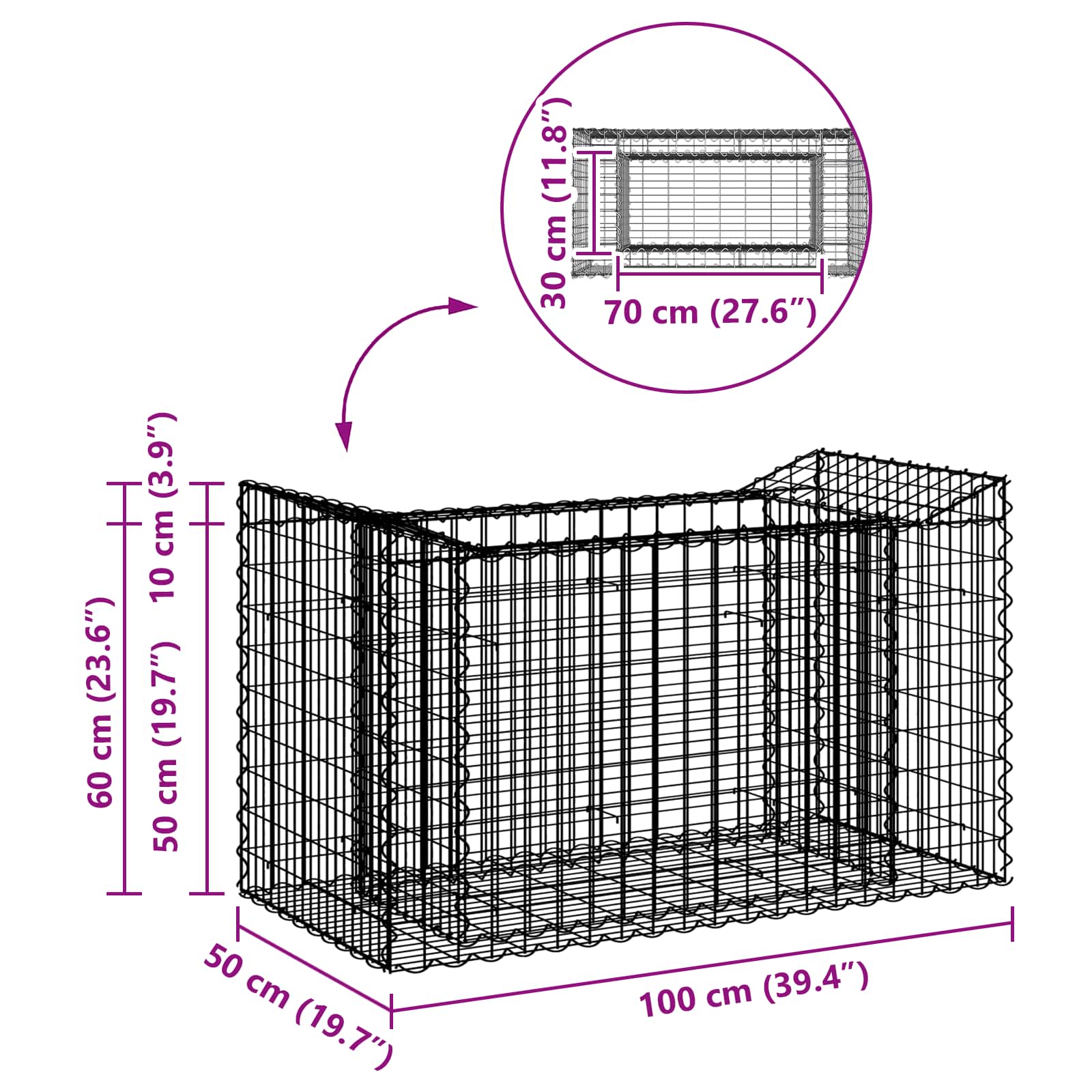 Gabion emelt ágy ezüst 50 x 100 x 60 cm horganyzott acél