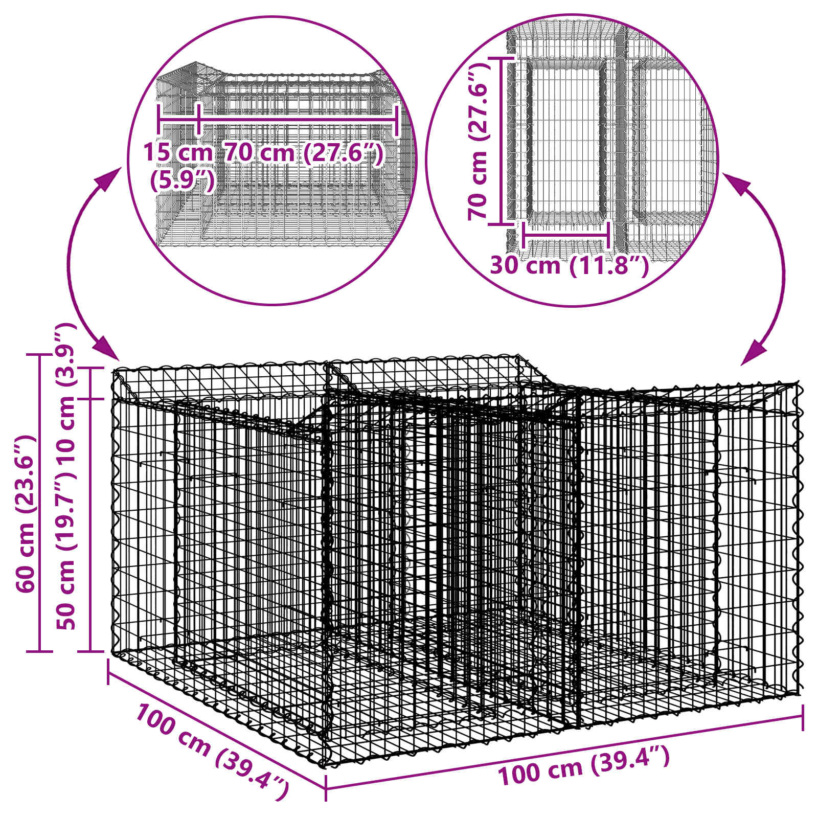 Gabion emelt ágy ezüst 100 x 100 x 60 cm horganyzott acél
