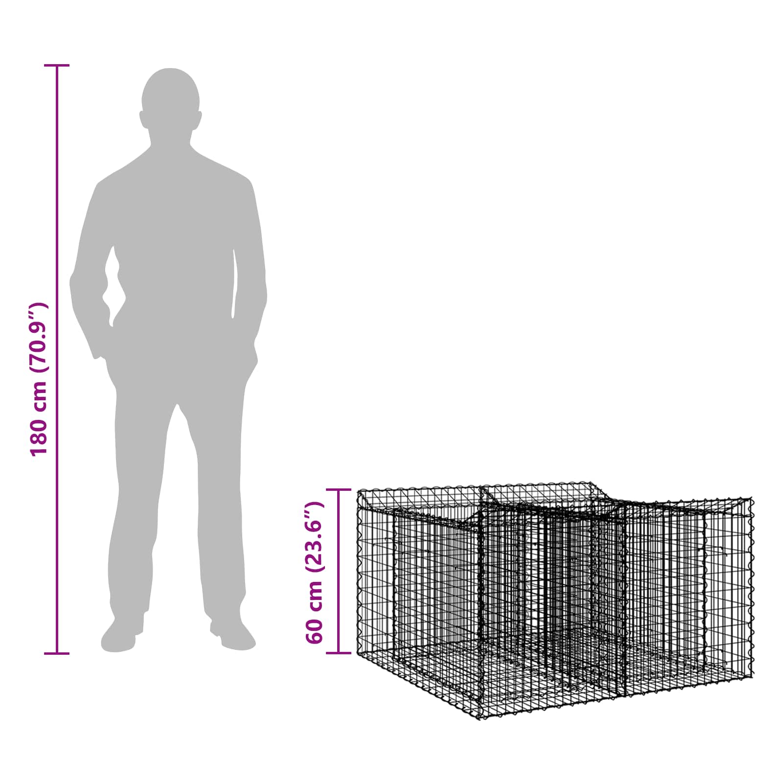 Gabion emelt ágy ezüst 100 x 100 x 60 cm horganyzott acél