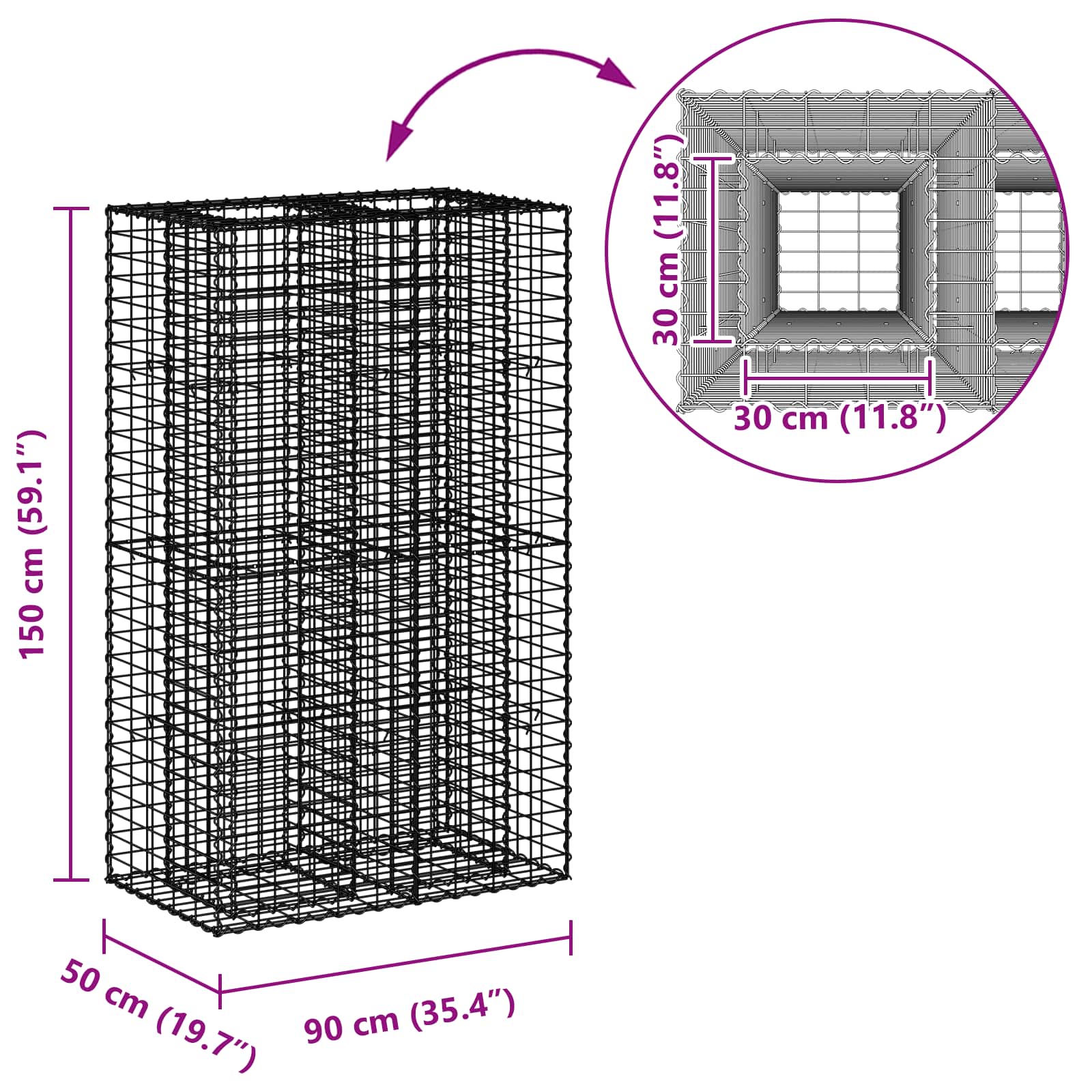 Gabion emelt ágy ezüst 90 x 50 x 150 cm horganyzott acél