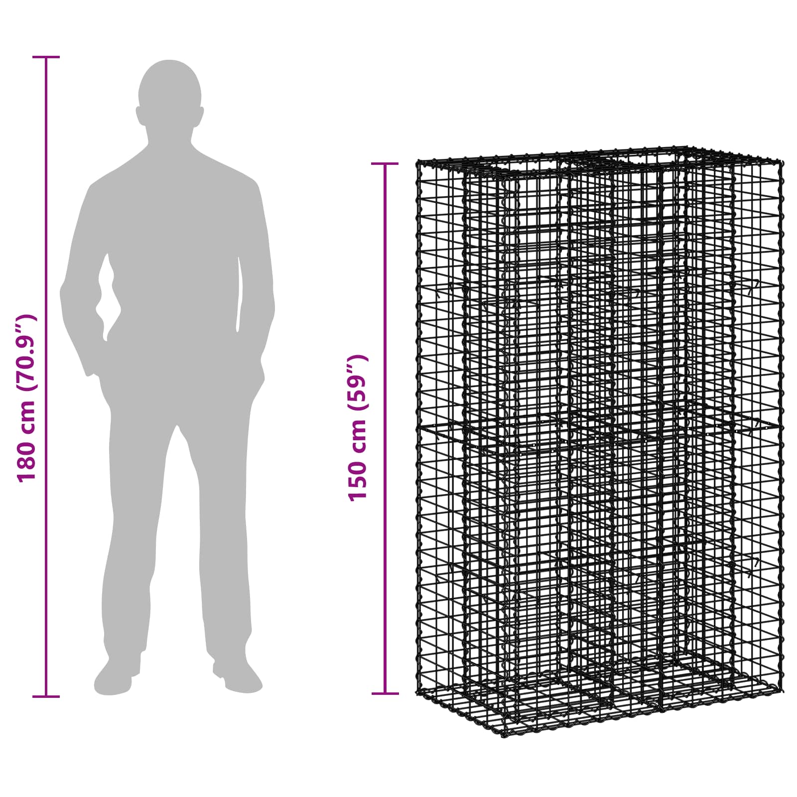 Gabion emelt ágy ezüst 90 x 50 x 150 cm horganyzott acél