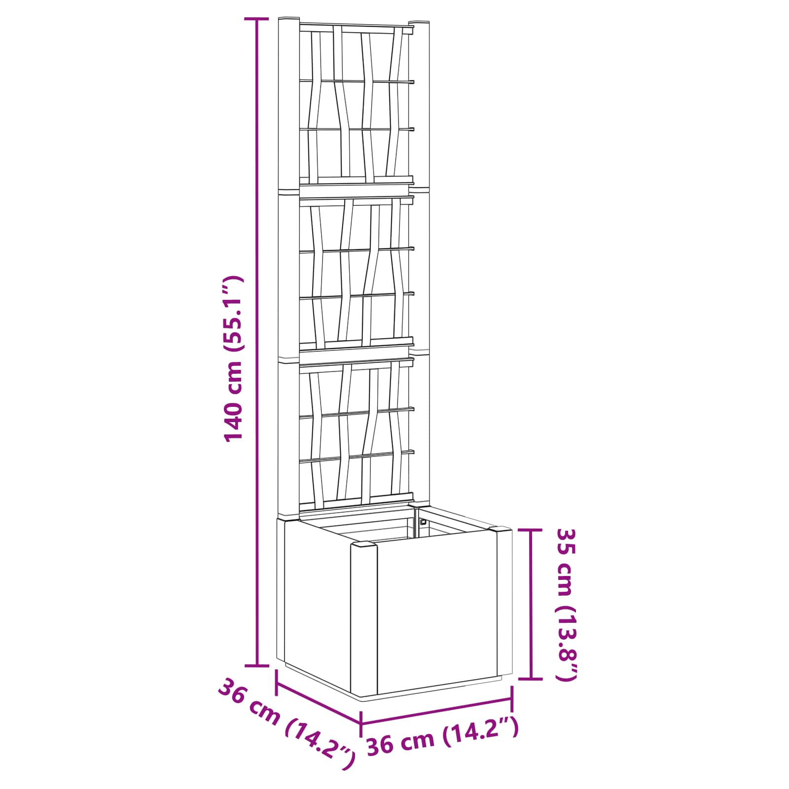 Kertész cserép rácsos változattal barna 36 x 36 x 140 cm