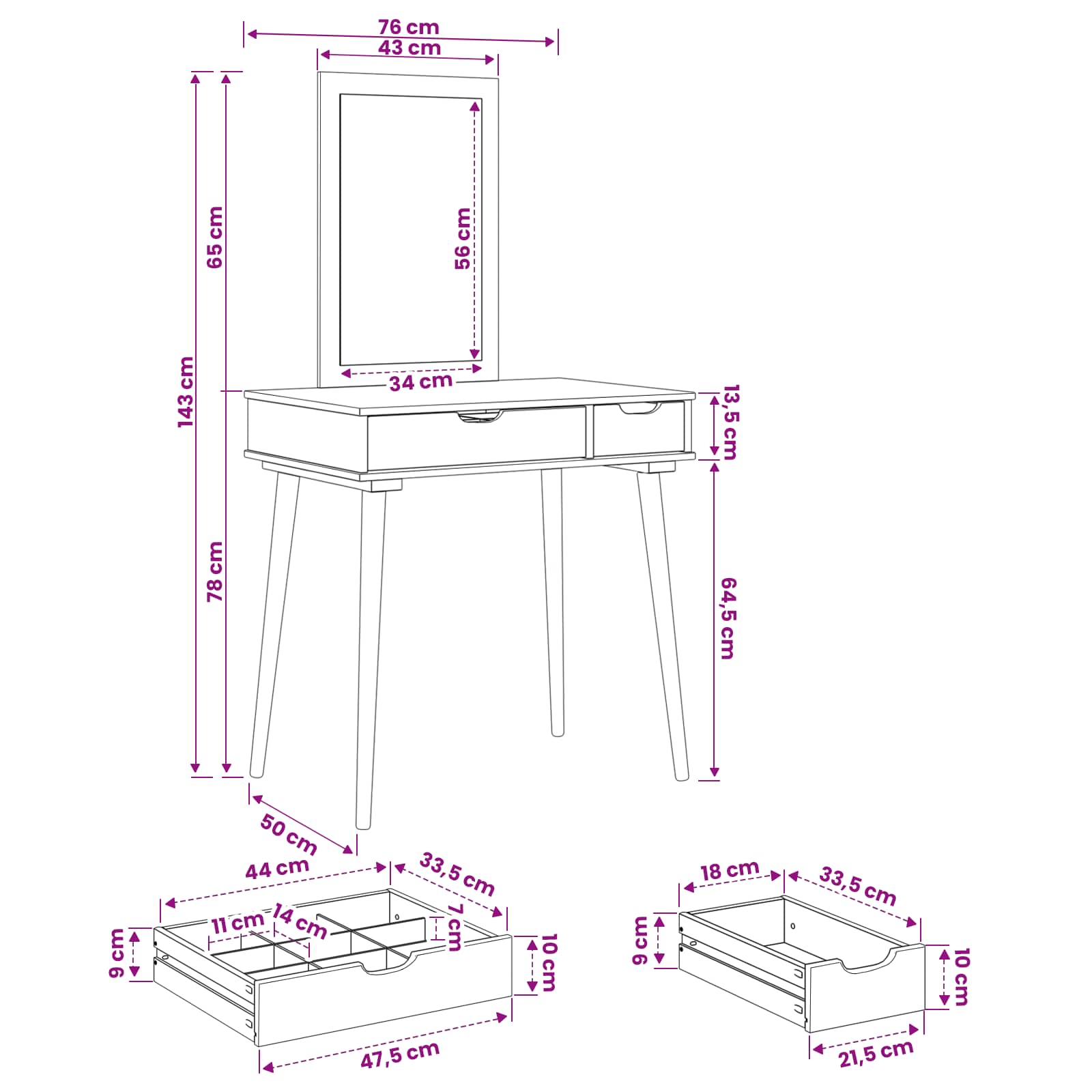 Sminkasztal készlet fauske 2 pcs fehér 76 x 50 x 143 cm