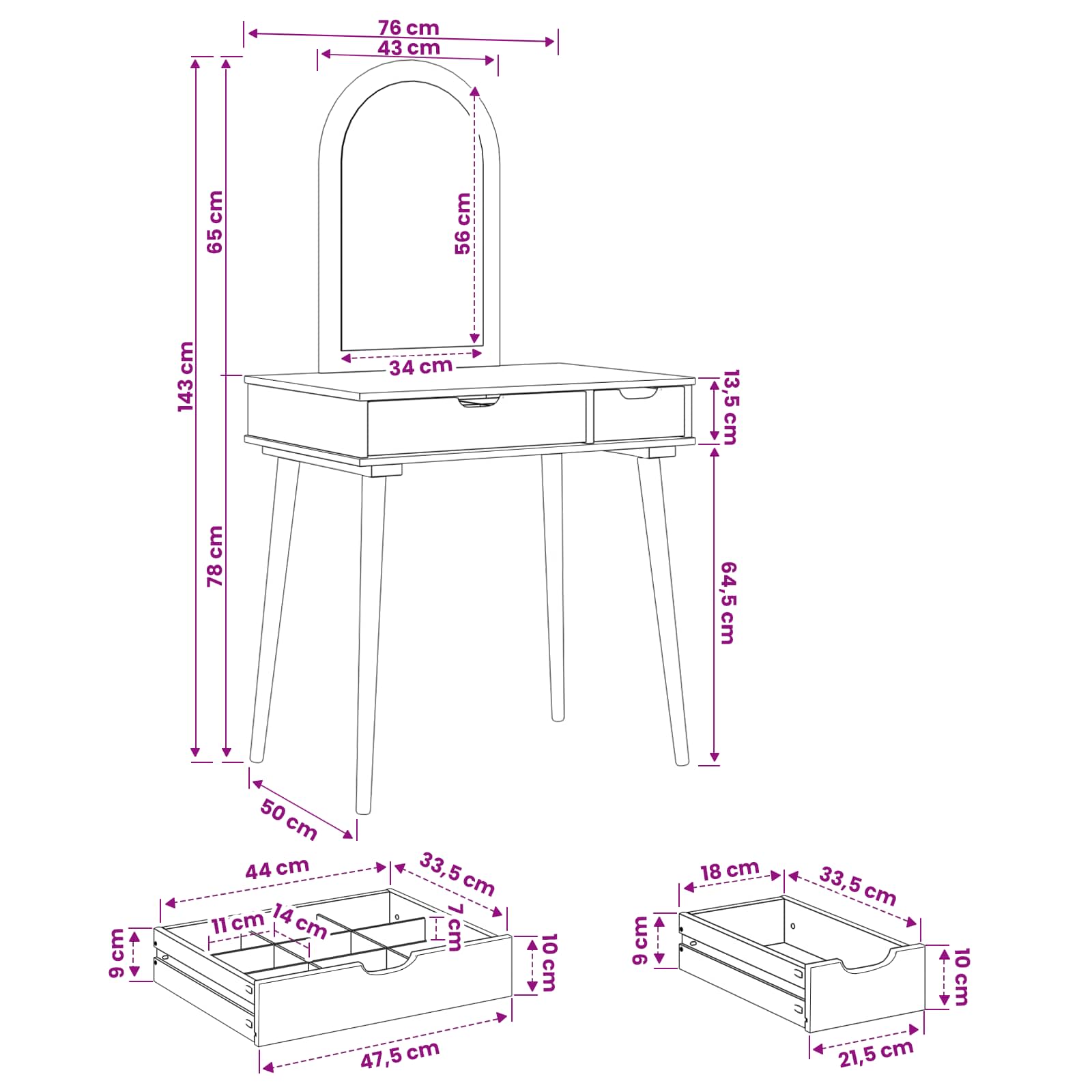 Sminkasztal készlet fauske 2 pcs fehér 76 x 50 x 143 cm