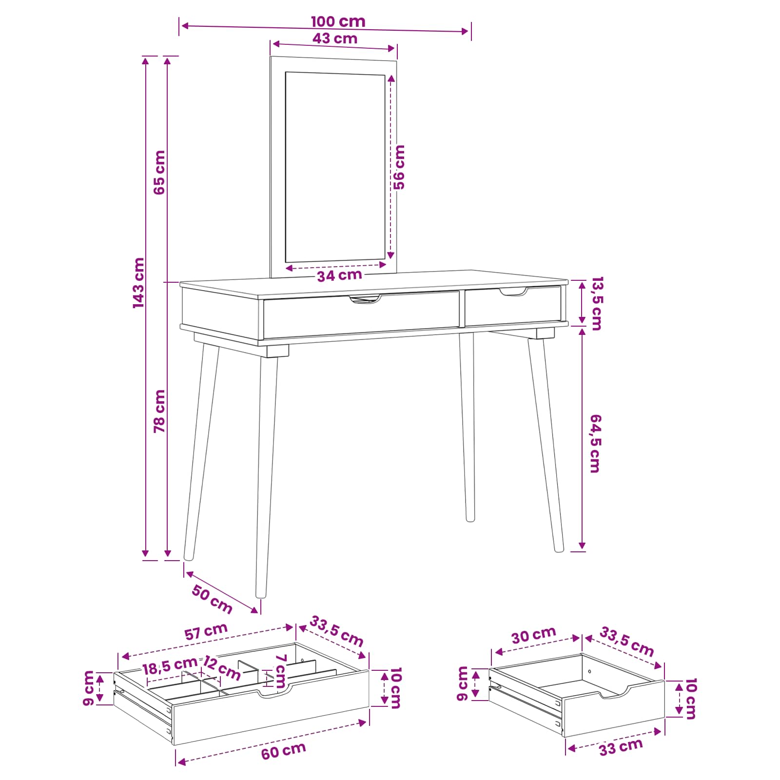 Sminkasztal készlet fauske 2 pcs fehér 100 x 50 x 143 cm