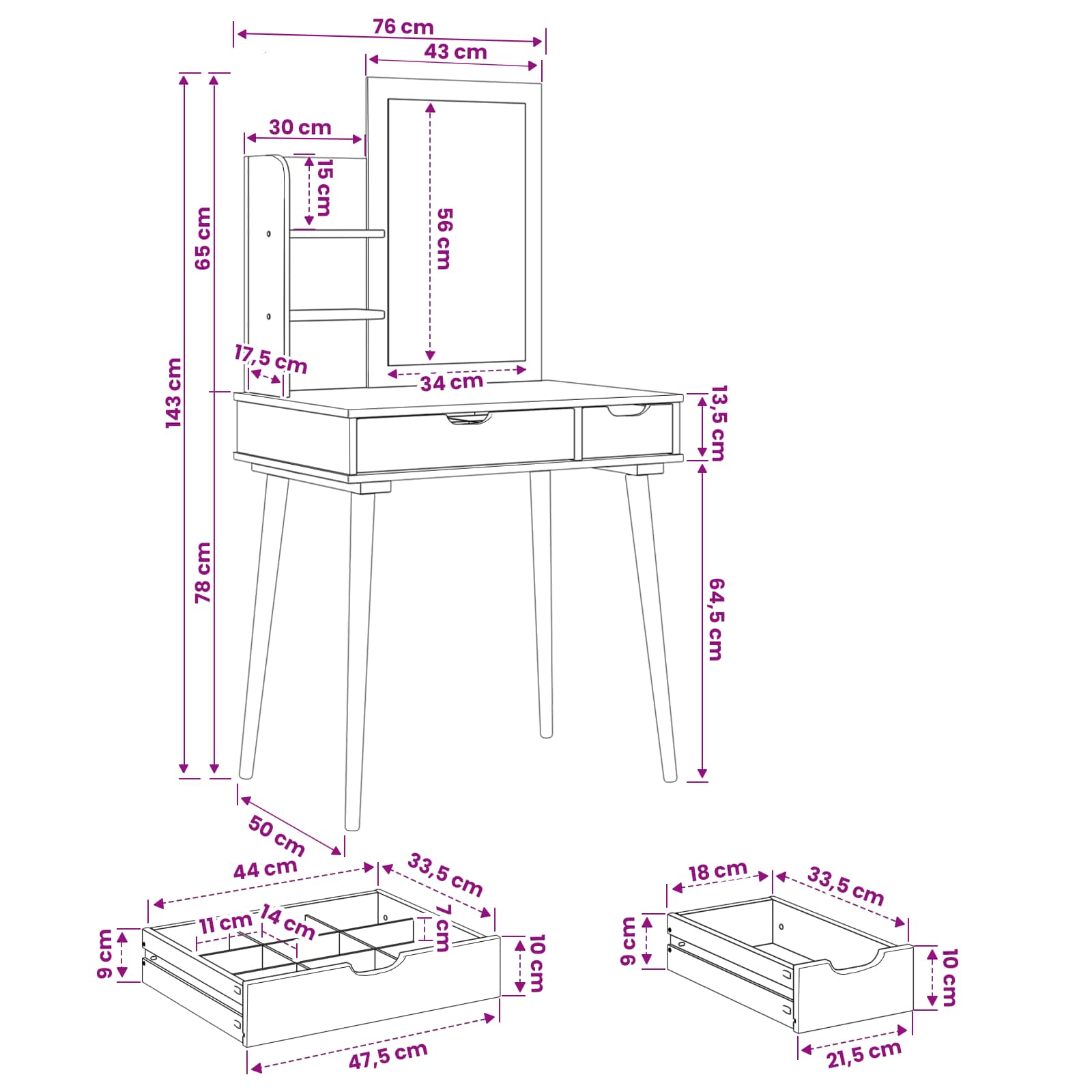 Sminkasztal készlet fauske 3 pcs fehér 76 x 50 x 143 cm