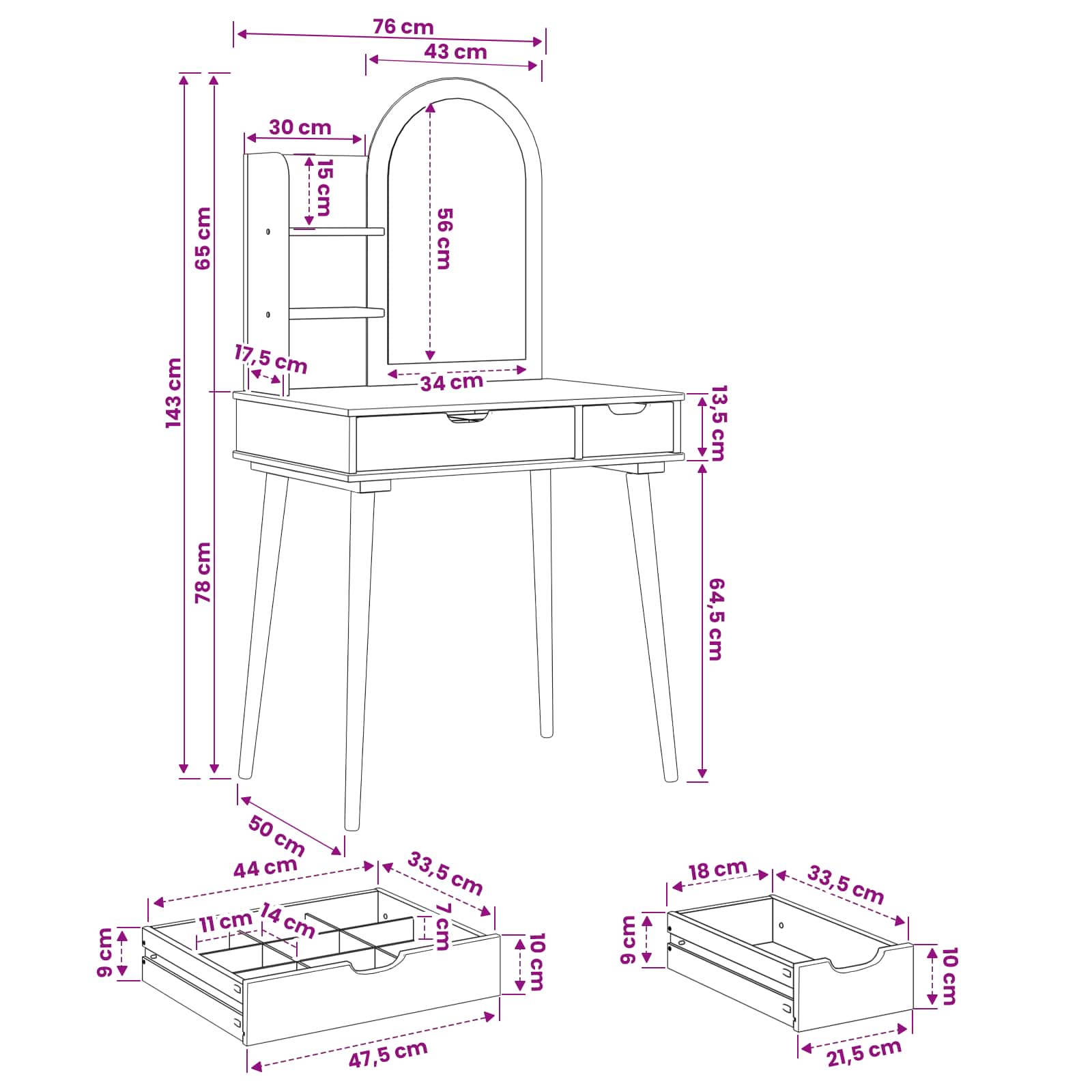 Sminkasztal készlet fauske 3 pcs fehér 76 x 50 x 143 cm