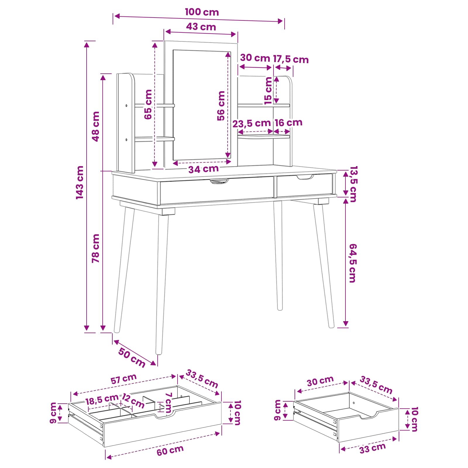 Sminkasztal készlet fauske 4 pcs fehér 100 x 50 x 143 cm