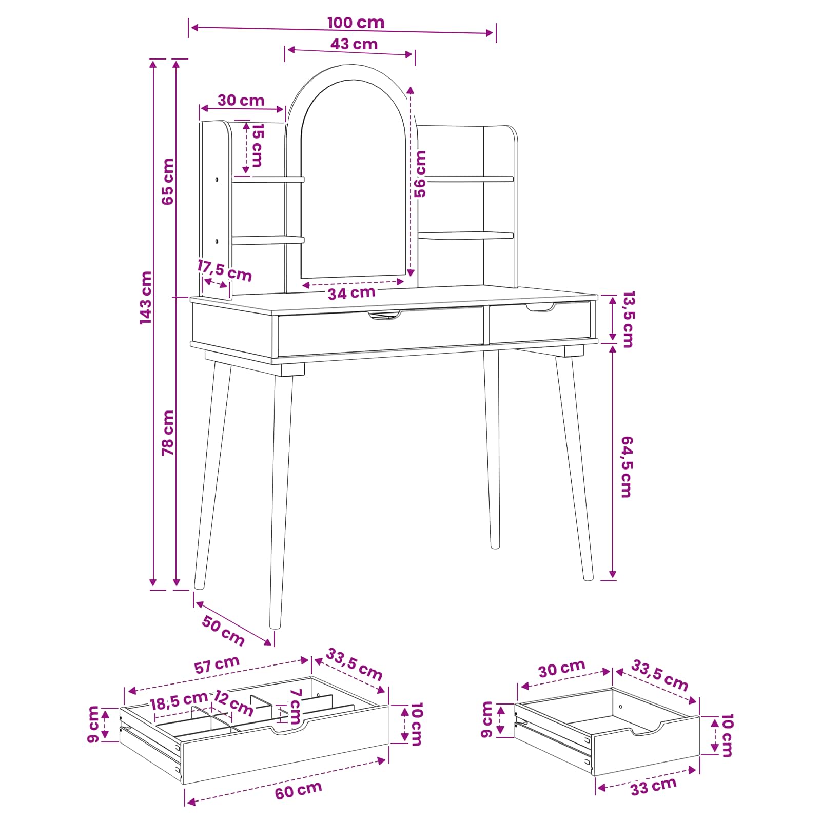 Sminkasztal készlet fauske 4 pcs fehér 100 x 50 x 143 cm