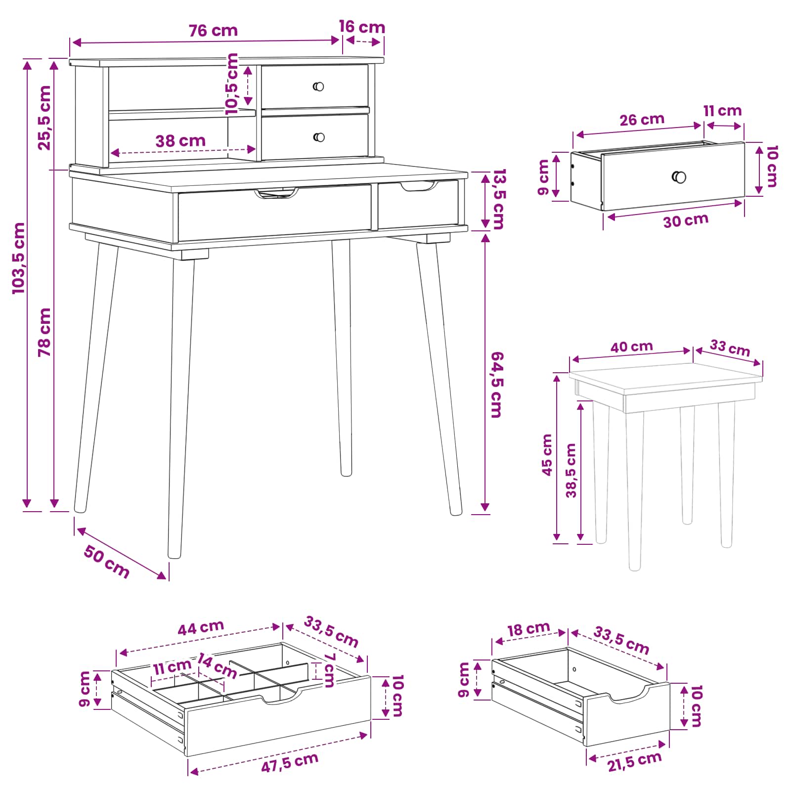 Sminkasztal készlet fauske 3 pcs fehér 76 x 50 x 103,5 cm