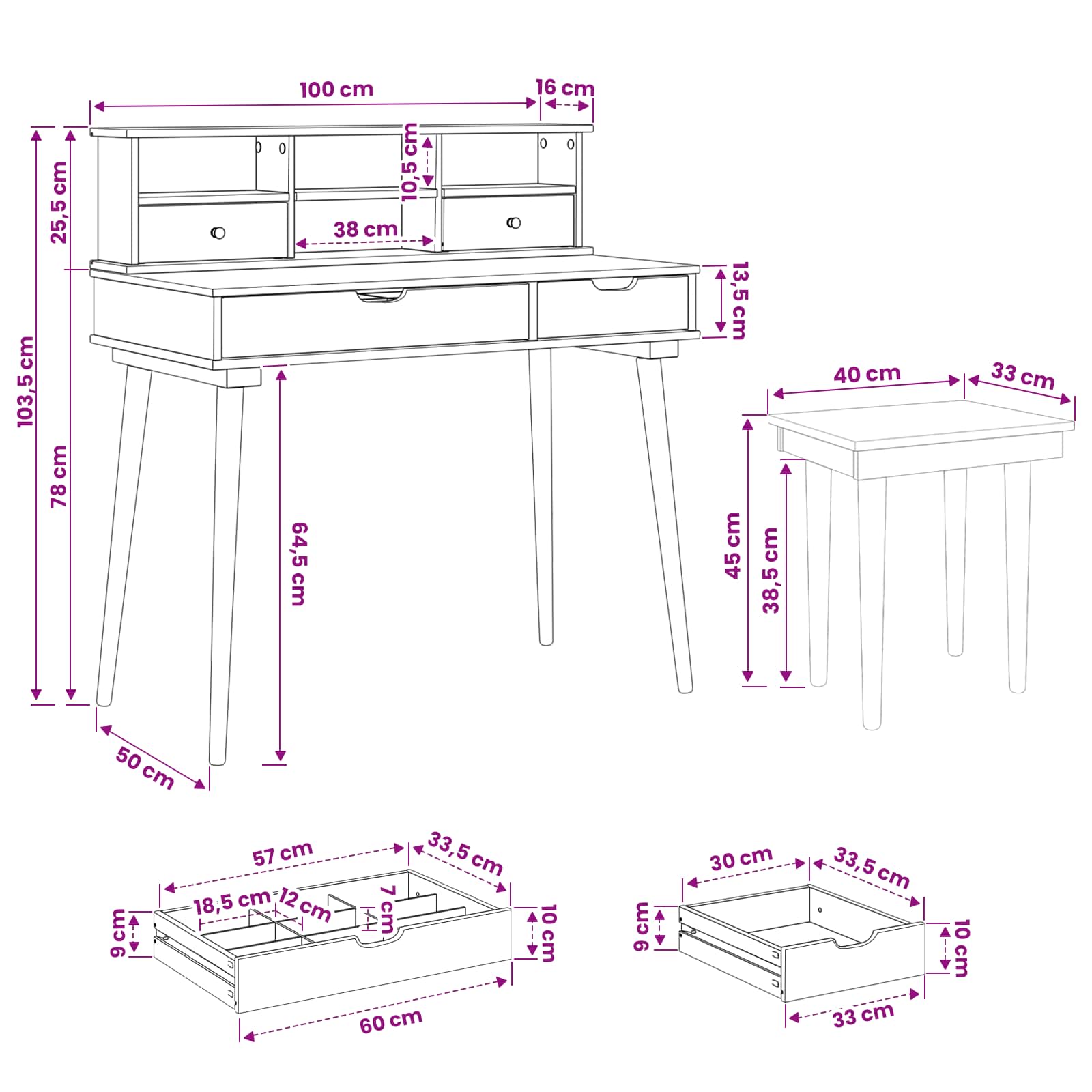 Sminkasztal készlet fauske 3 pcs fehér 100 x 50 x 103,5 cm