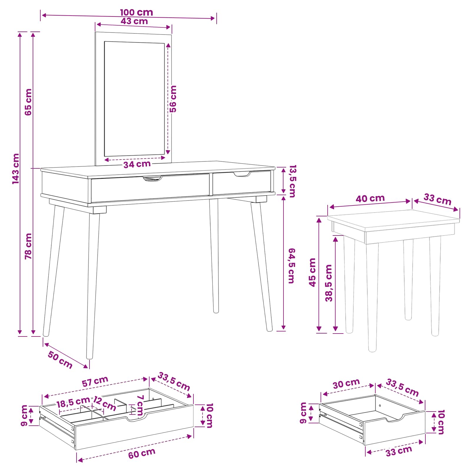 Sminkasztal készlet fauske 3 pcs fehér 100 x 50 x 143 cm