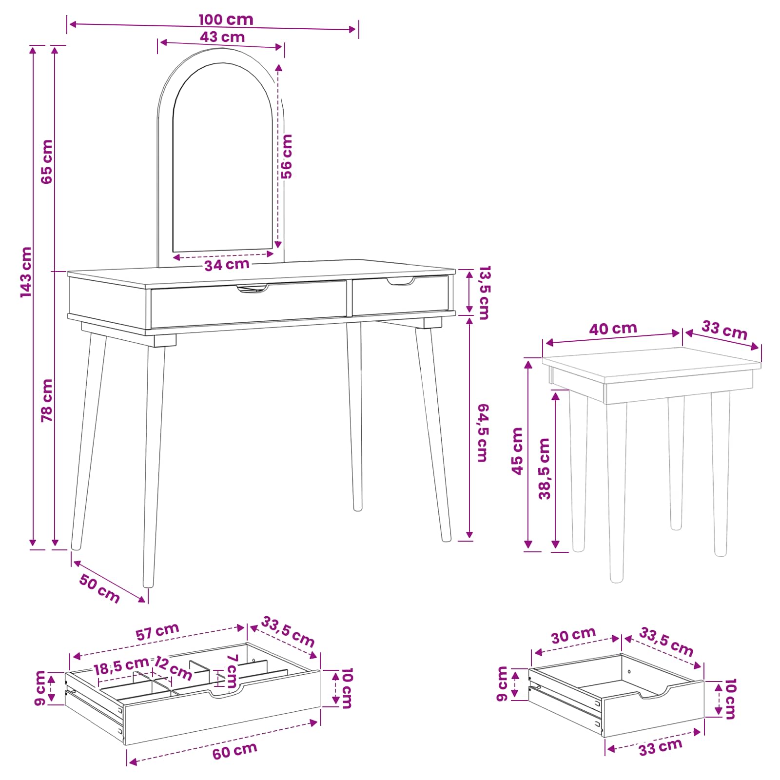 Sminkasztal készlet fauske 3 pcs fehér 100 x 50 x 143 cm
