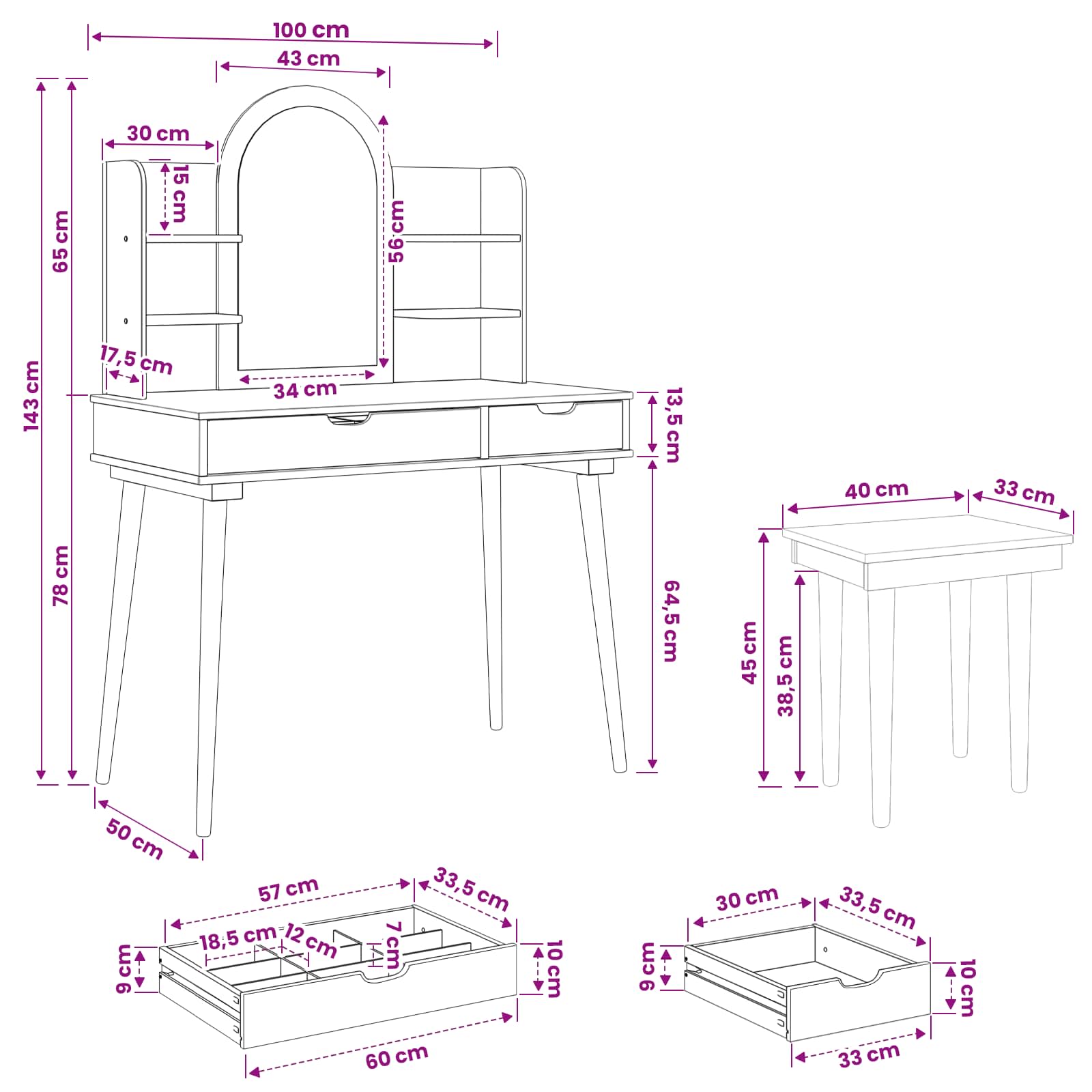 Sminkasztal készlet fauske 5 pcs fehér 100 x 50 x 143 cm