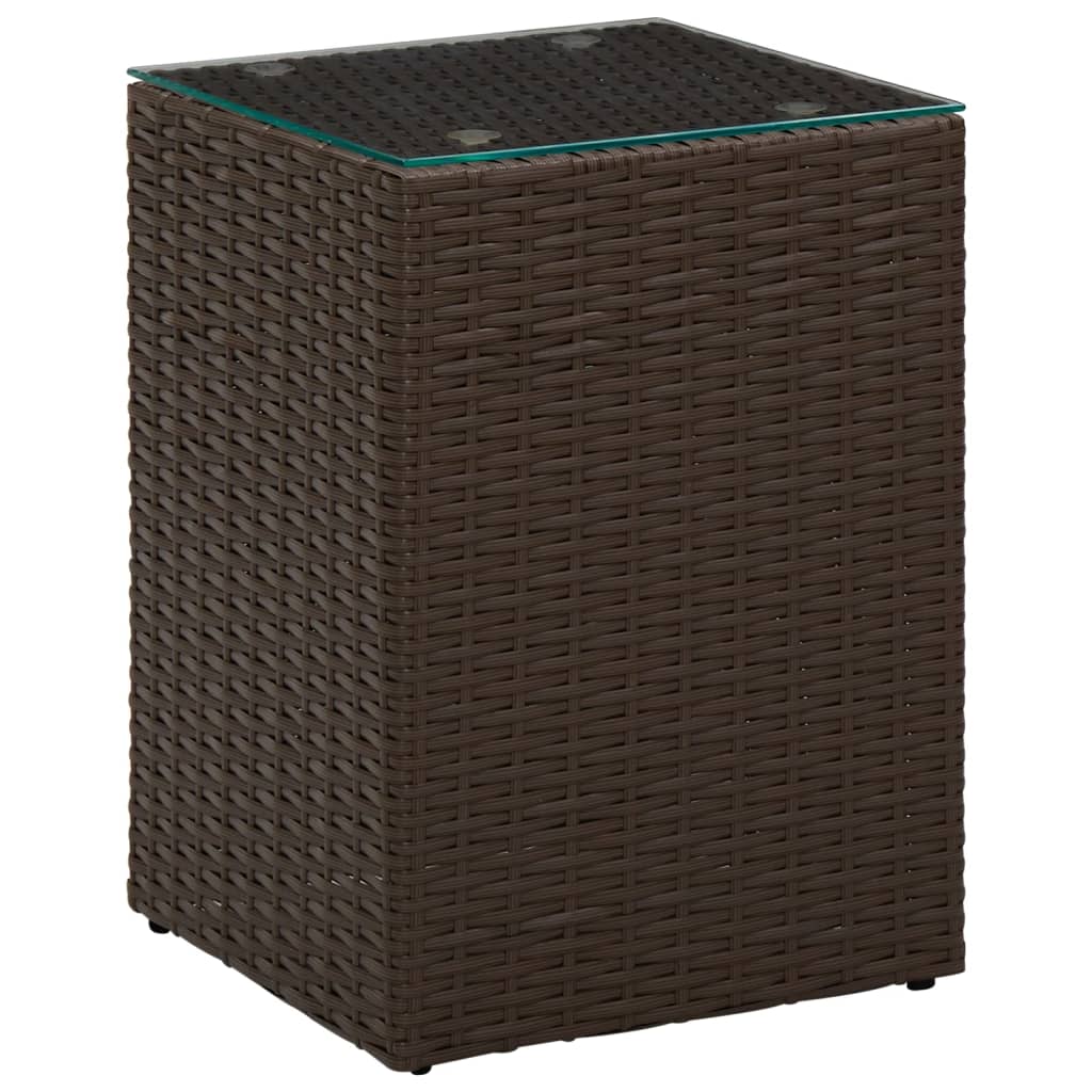 Barna polyrattan kisasztal üveg asztallappal 35 x 35 x 52 cm
