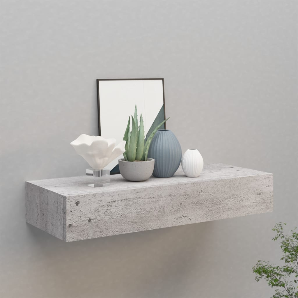 Betonszürke falra szerelhető fiókos polc 60 x 23,5 x 10 cm