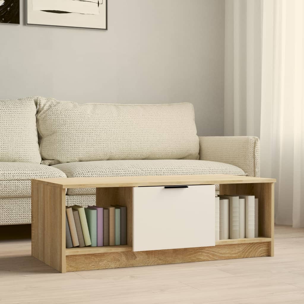 Fehér és sonoma színű szerelt fa dohányzóasztal 102x50x36 cm