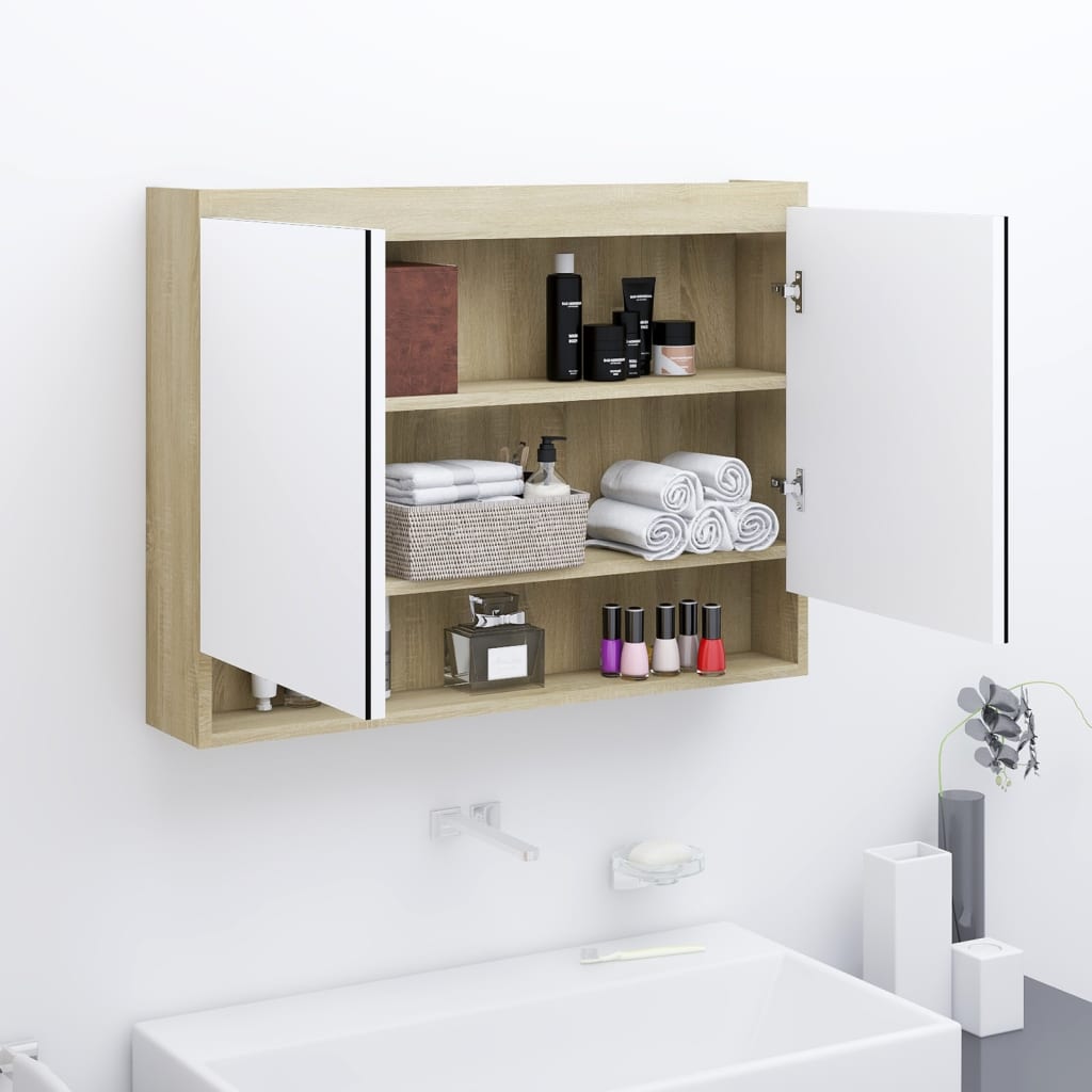 Fehér és tölgy mdf tükrös fürdőszobaszekrény 80 x 15 x 60 cm