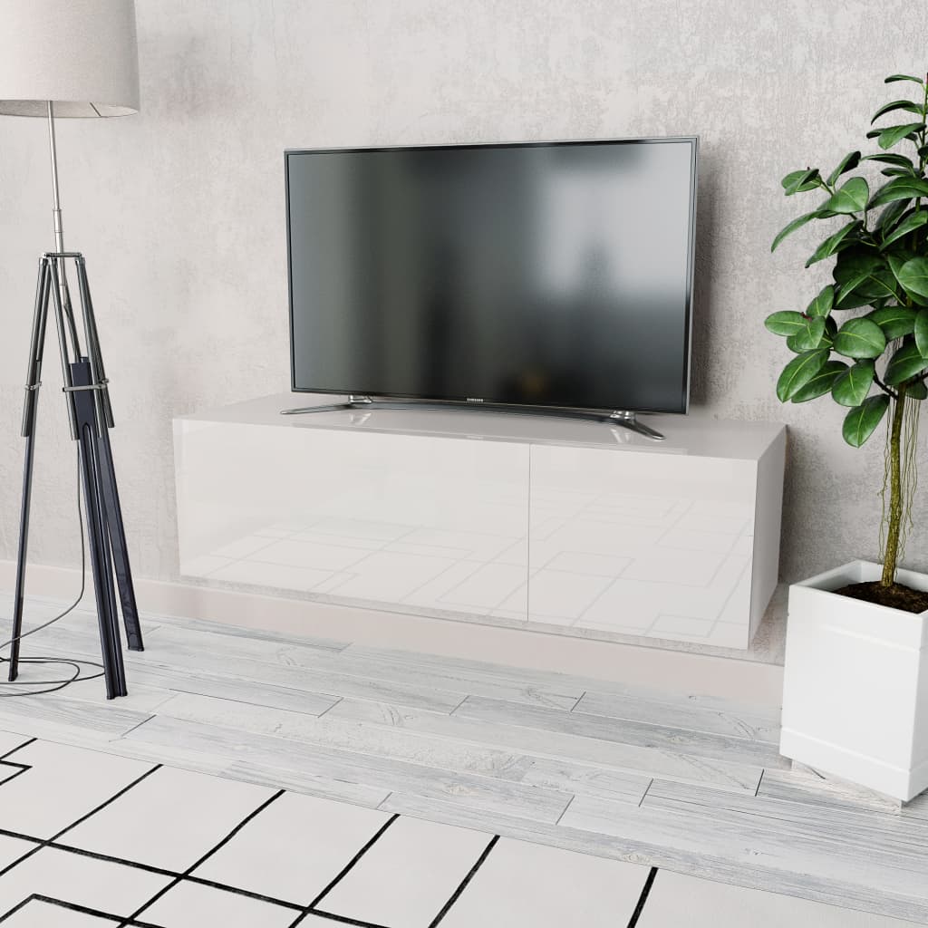 Fehér magasfényű faforgácslap tv szekrény 120 x 40 x 34 cm Fehér magasfényű faforgácslap tv szekrény 120 x 40 x 34 cm