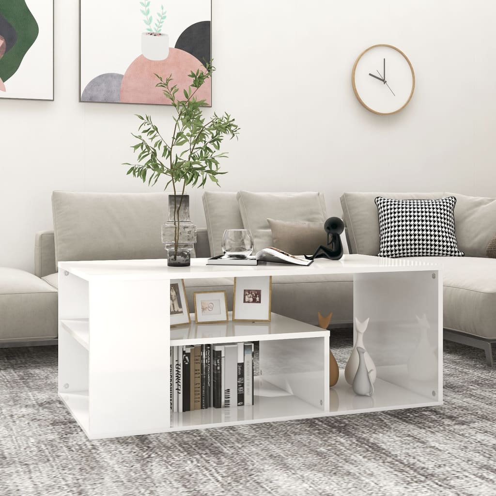 Fehér magasfényű forgácslap dohányzóasztal 100 x 50 x 40 cm