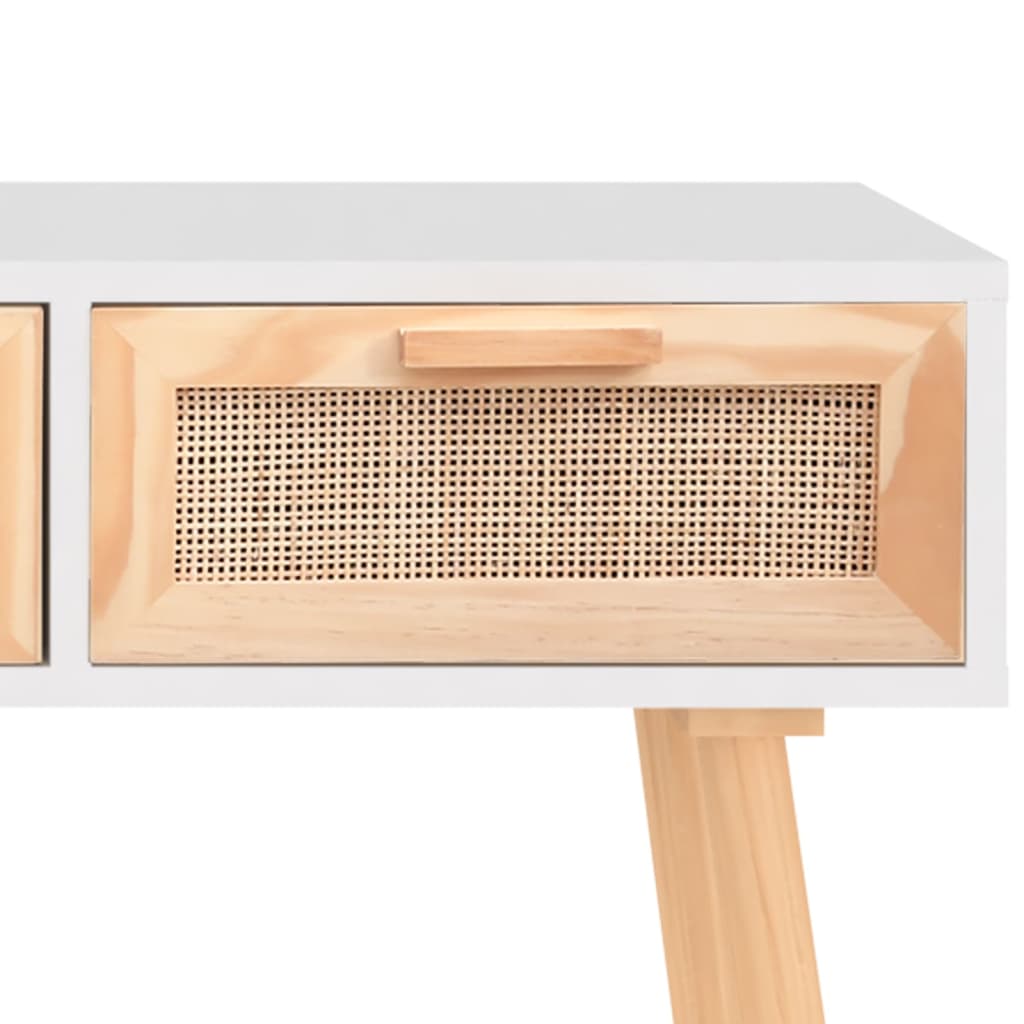 Fehér tömör fenyő és természetes rattan tálaló 105x30x75 cm