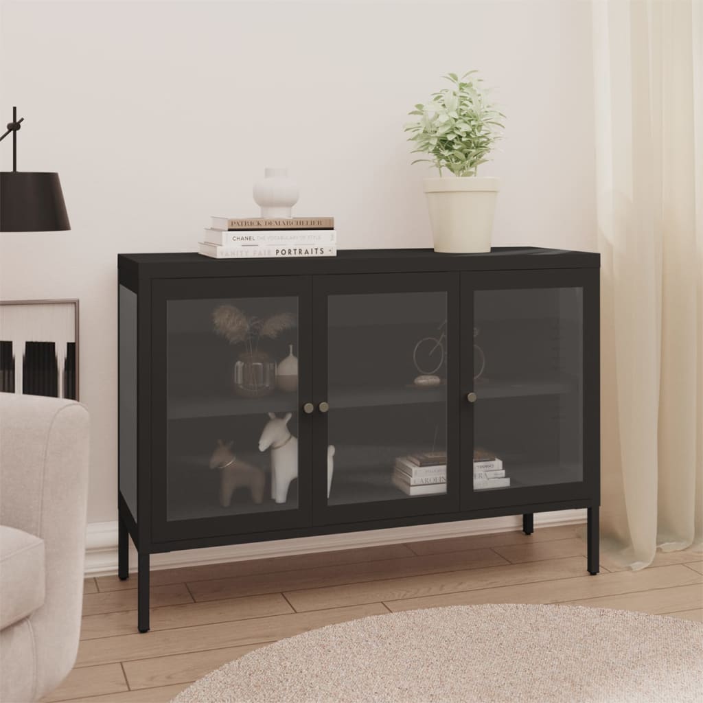 Fekete acél és üveg tálalószekrény 105 x 35 x 70 cm