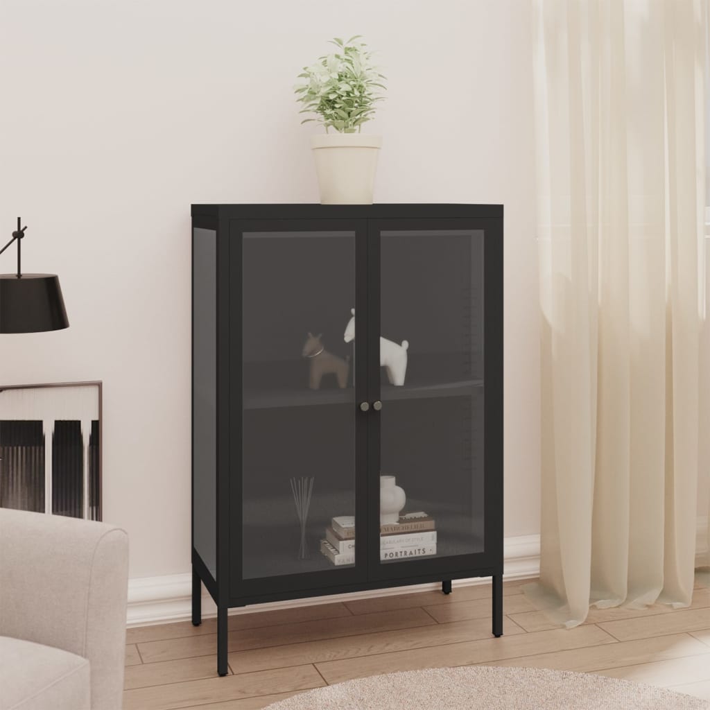 Fekete acél és üveg tálalószekrény 75 x 35 x 105 cm