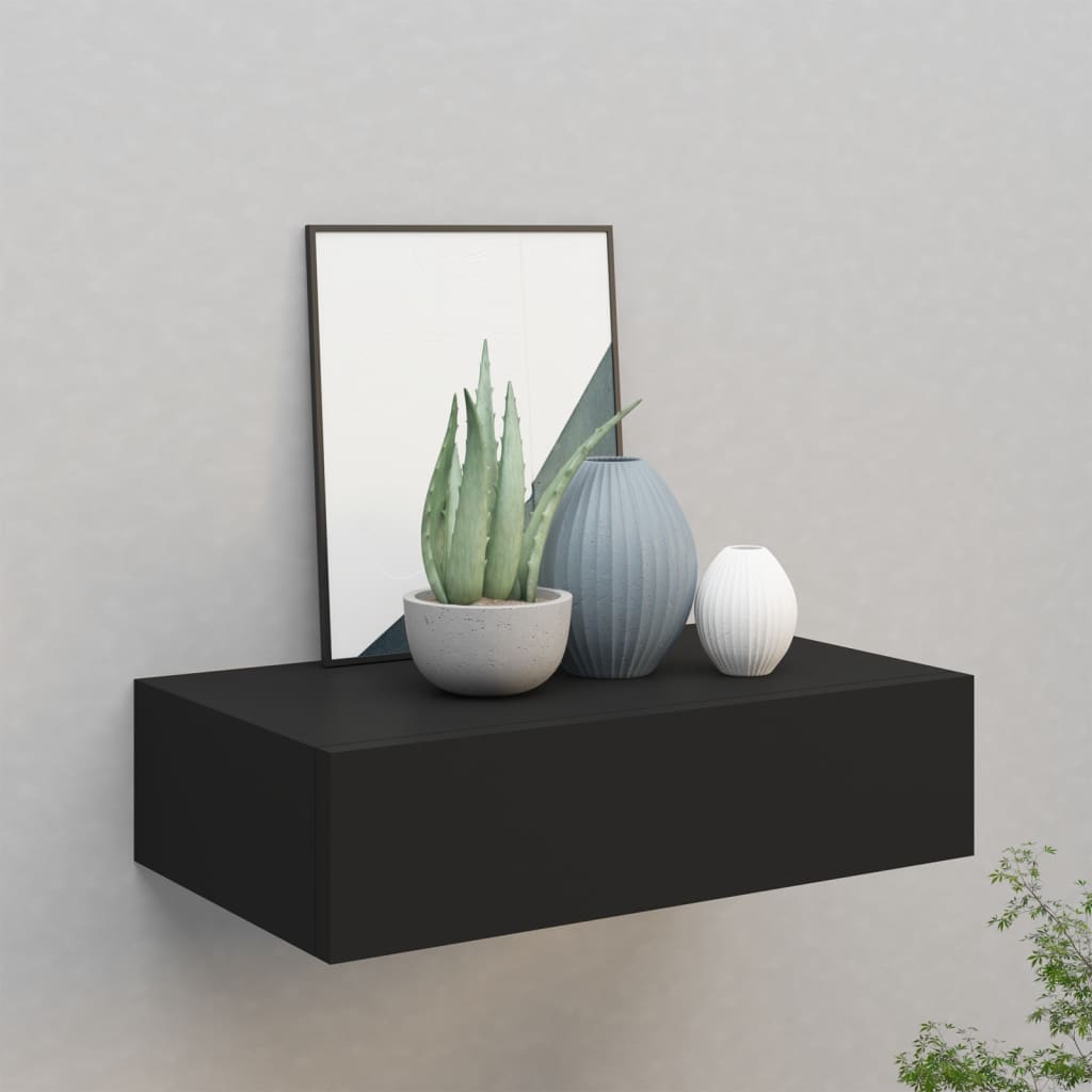 Fekete falra szerelhető fiókos polc 40 x 23,5 x 10 cm