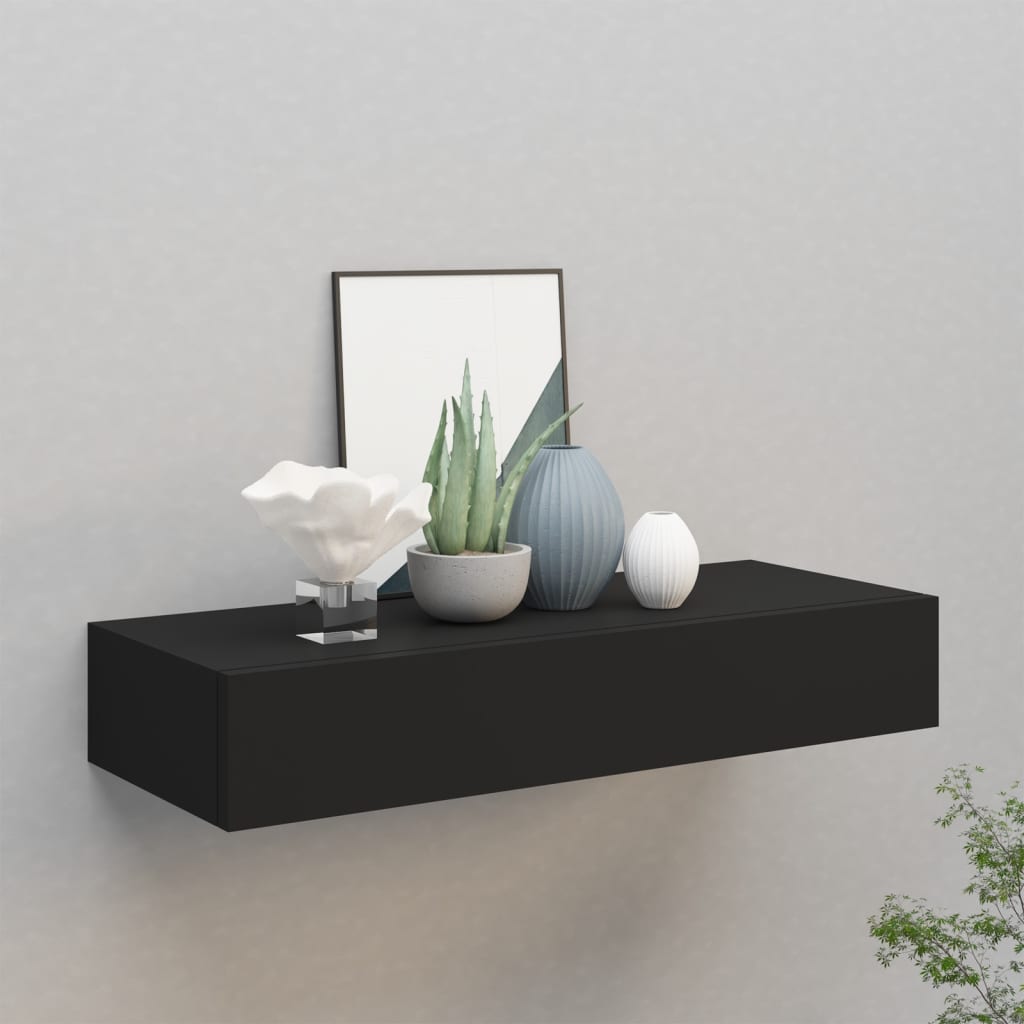 Fekete falra szerelhető fiókos polc 60 x 23,5 x 10 cm