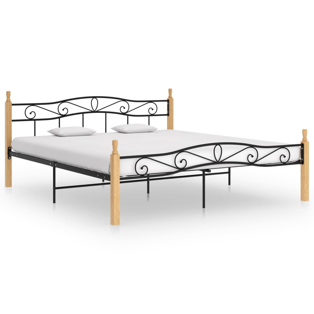 Fekete fém és tömör tölgyfa ágykeret 200 x 200 cm