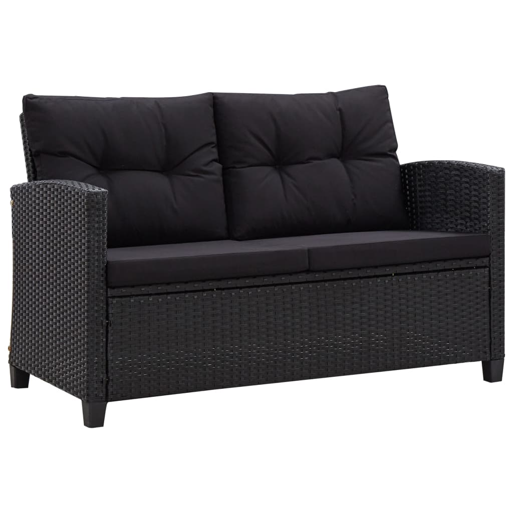 Fekete polyrattan kétszemélyes kerti kanapé párnákkal 124 cm