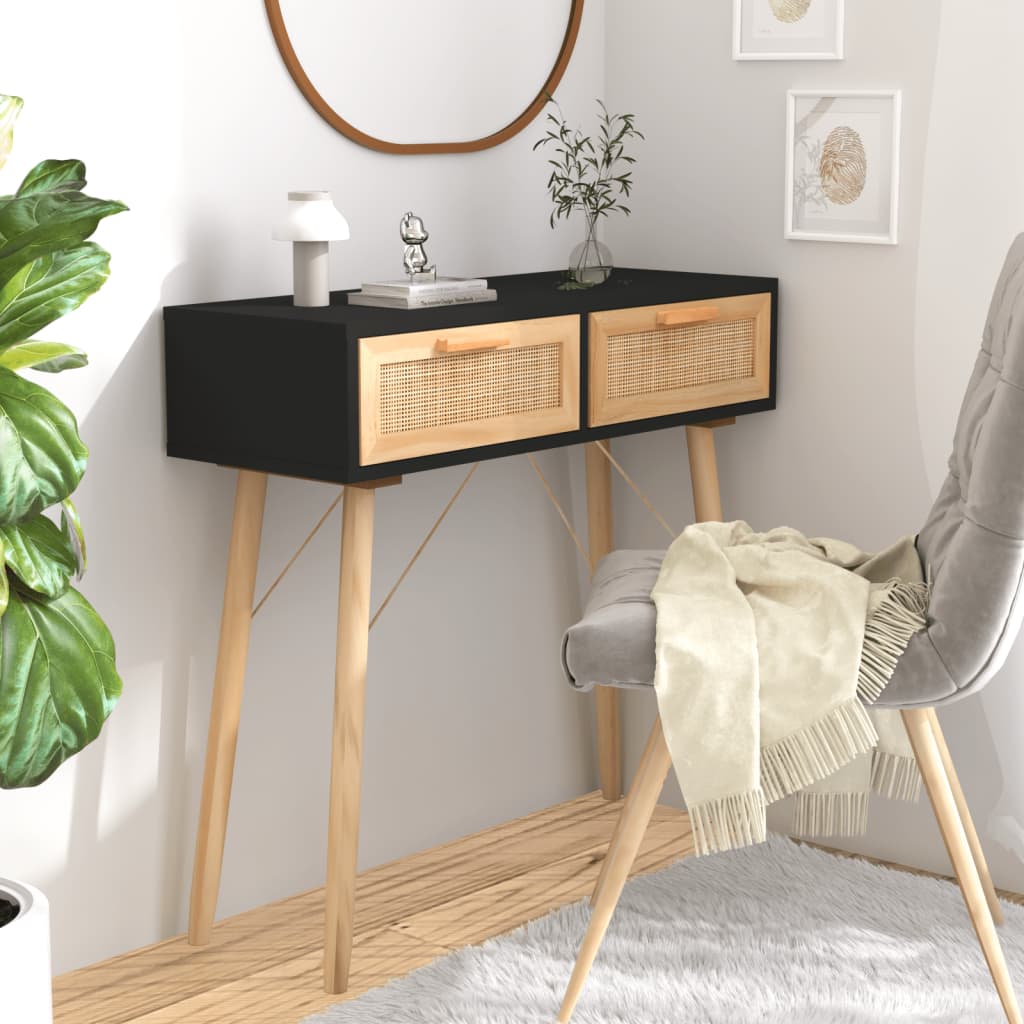 Fekete tömör fenyő és természetes rattan tálaló 80x30x75 cm