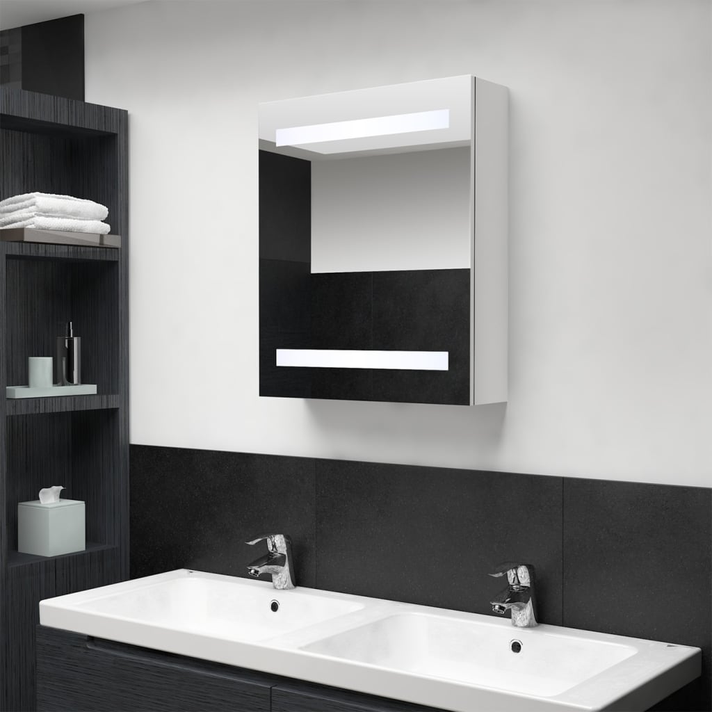 Fényes fehér led-es tükrös fürdőszobaszekrény 50 x 14 x 60 cm
