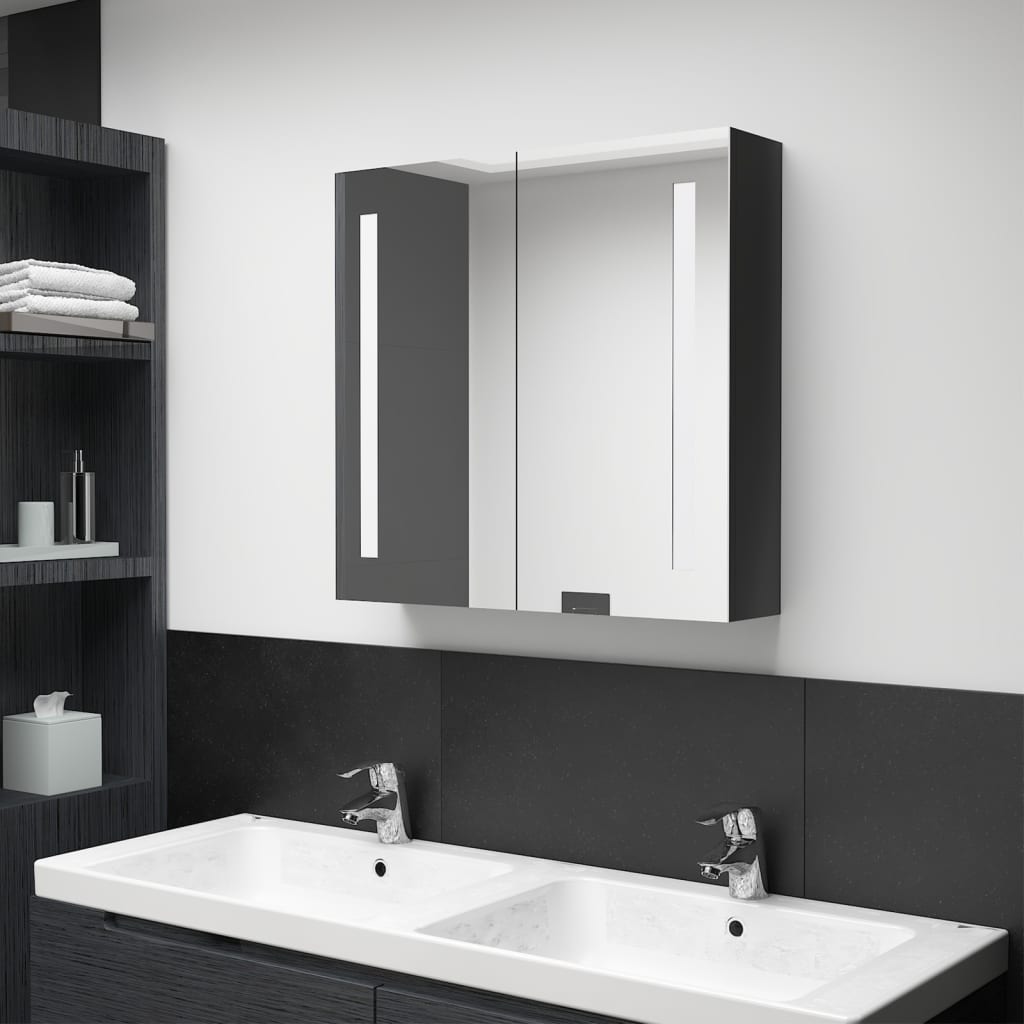 Fényes fekete led-es tükrös fürdőszobaszekrény 62 x 14 x 60 cm